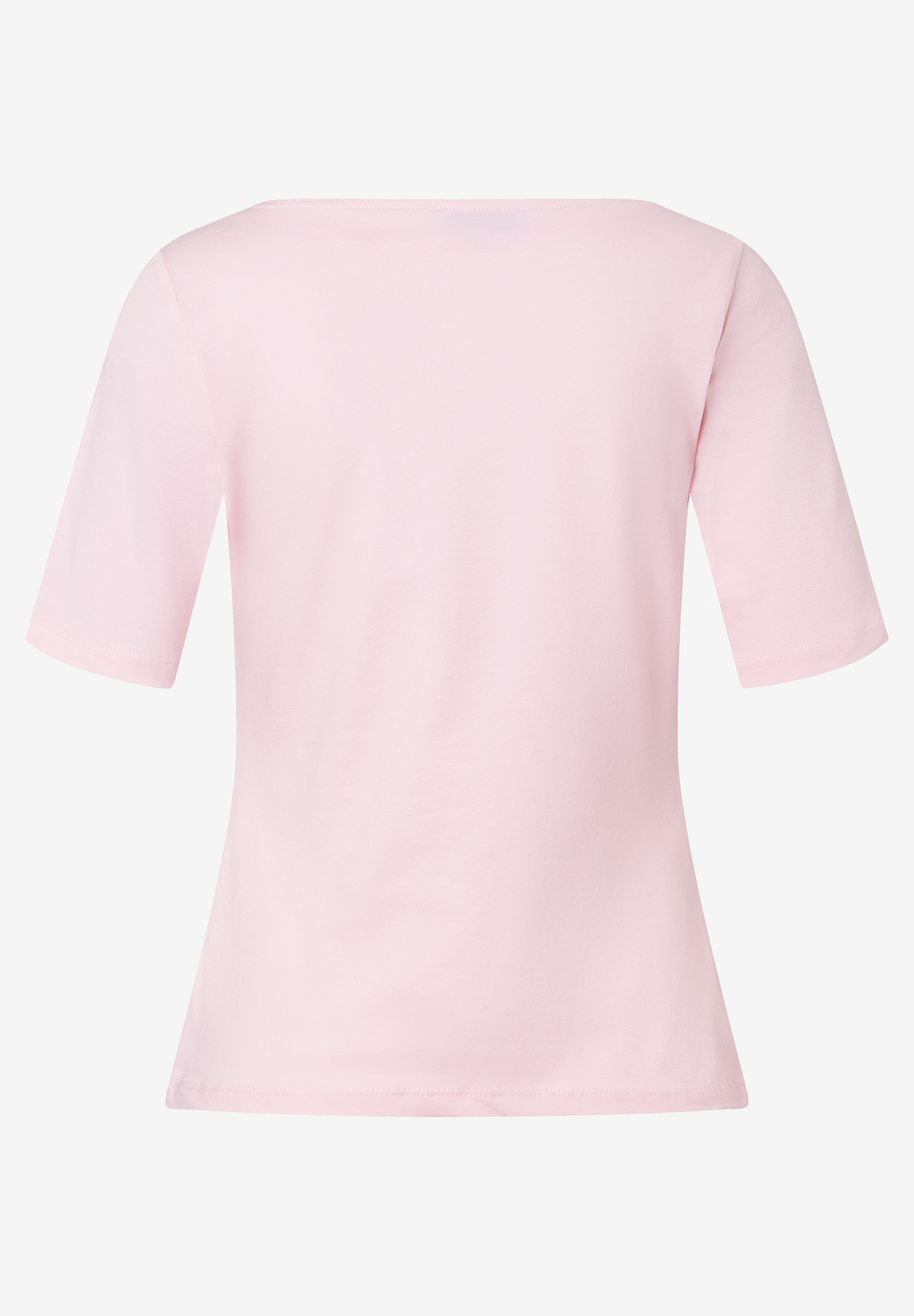 Ein rosafarbenes MORE & MORE T-Shirt mit kurzen Ärmeln liegt flach auf einer weißen Oberfläche. Ein rosafarbenes MORE & MORE T-Shirt mit kurzen Ärmeln liegt flach auf einer weißen Oberfläche.