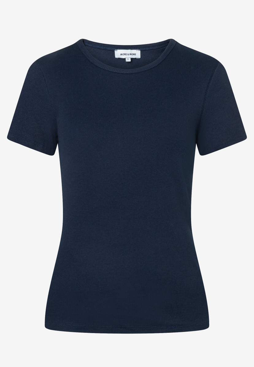 MORE & MORE geripptes T-Shirt in Dunkelblau mit Rundhals-Ausschnitt, kurzen Ärmeln, enganliegendem Design und weichem Material. MORE & MORE geripptes T-Shirt in Dunkelblau mit Rundhals-Ausschnitt, kurzen Ärmeln, enganliegendem Design und weichem Material.