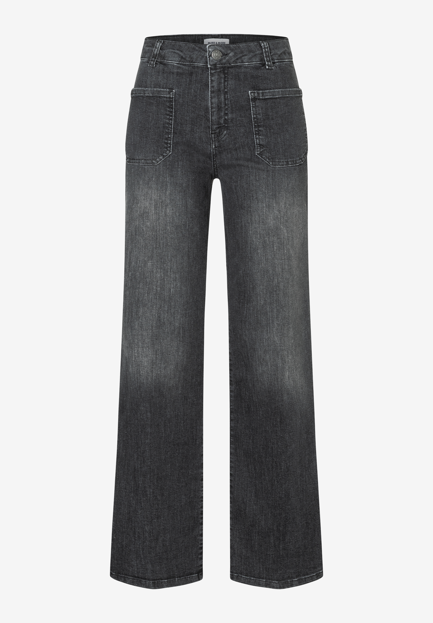 Graue, bequeme Schlaghose von MORE & MORE aus Denim mit aufgesetzten Taschen. Graue, bequeme Schlaghose von MORE & MORE aus Denim mit aufgesetzten Taschen.