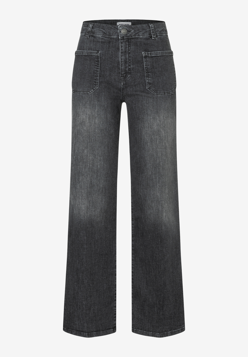 Graue, bequeme Schlaghose von MORE & MORE aus Denim mit aufgesetzten Taschen. Graue, bequeme Schlaghose von MORE & MORE aus Denim mit aufgesetzten Taschen.