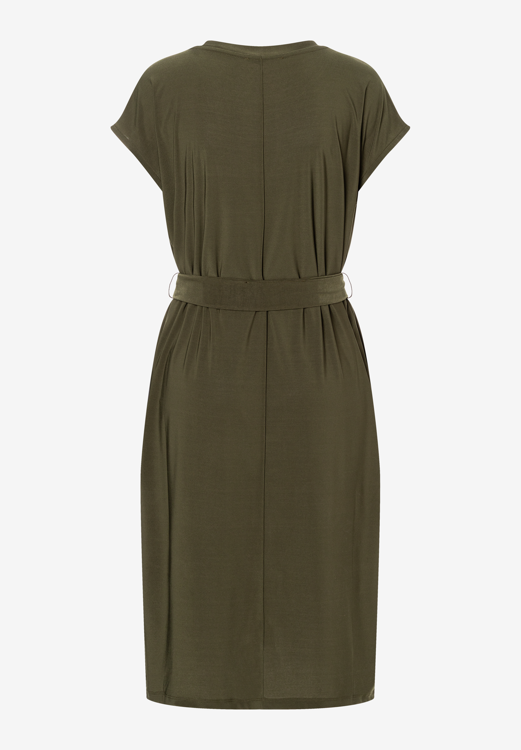 MORE & MORE Kleid in dunklem Khaki mit Stoffgürtel, das bis zum Knie reicht. Einfaches und elegantes Design. MORE & MORE Kleid in dunklem Khaki mit Stoffgürtel, das bis zum Knie reicht. Einfaches und elegantes Design.