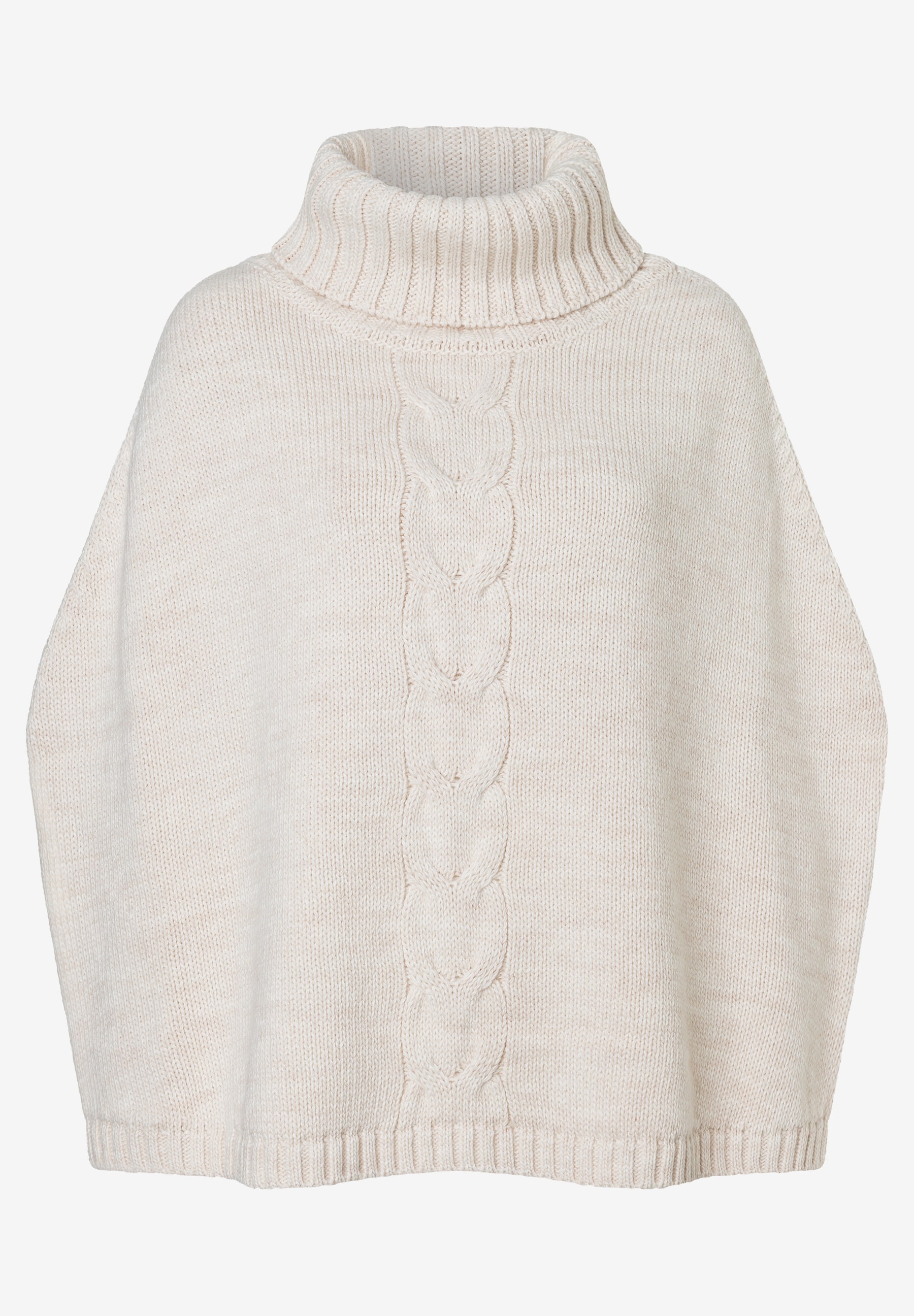 MORE & MORE beiger Rollkragen-Poncho aus Strick mit Zopfmuster, geripptem Saum und Kragen.