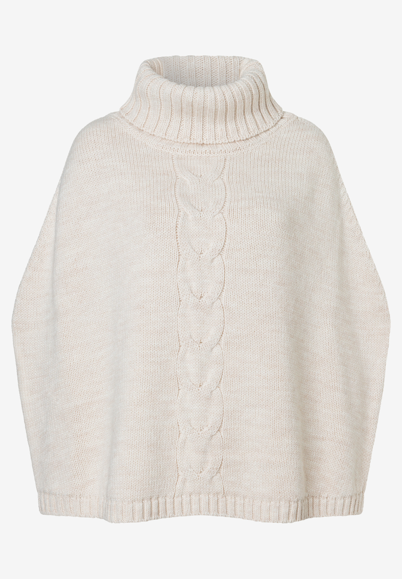 MORE & MORE beiger Rollkragen-Poncho aus Strick mit Zopfmuster, geripptem Saum und Kragen. MORE & MORE beiger Rollkragen-Poncho aus Strick mit Zopfmuster, geripptem Saum und Kragen.