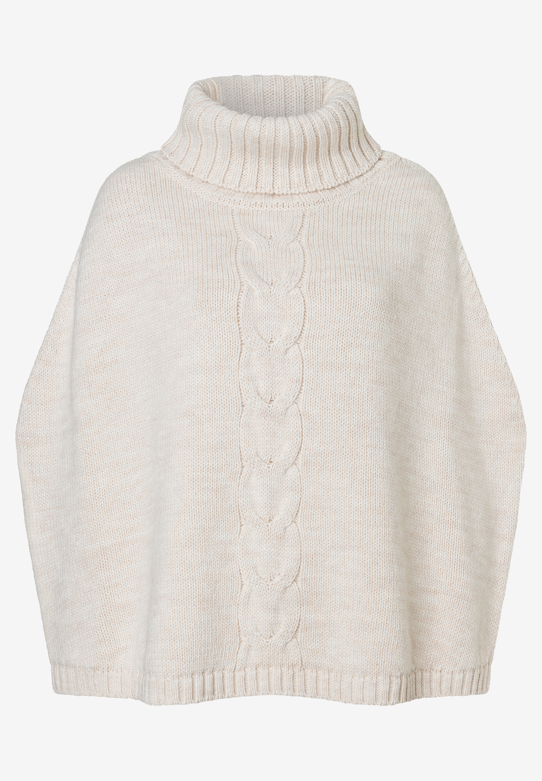 MORE & MORE beiger Rollkragen-Poncho aus Strick mit Zopfmuster, geripptem Saum und Kragen.