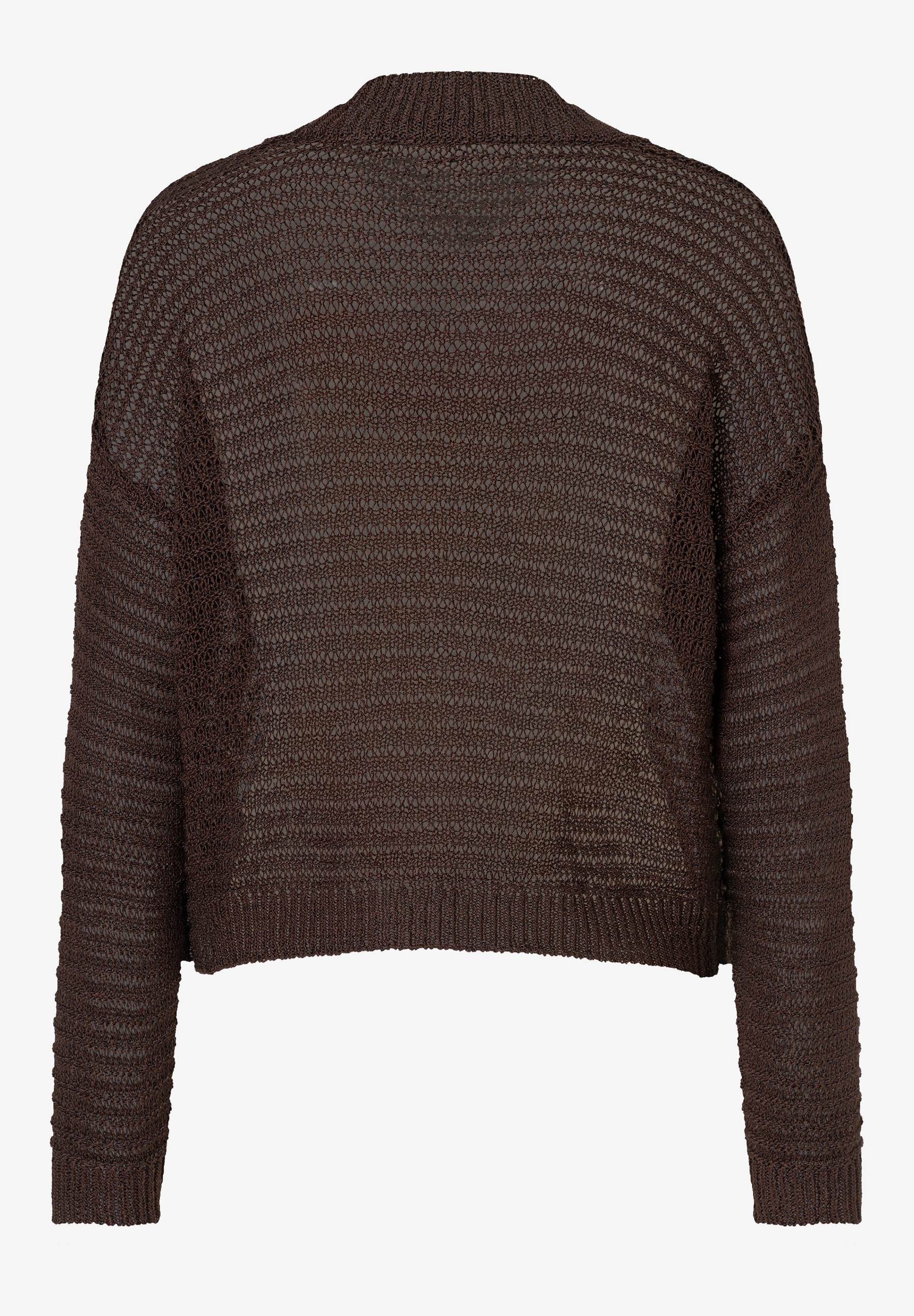 MORE & MORE Pullover aus braunem Grobstrick mit Rippbündchen an Kragen, Ärmeln und Saum, auf weißem Hintergrund. MORE & MORE Pullover aus braunem Grobstrick mit Rippbündchen an Kragen, Ärmeln und Saum, auf weißem Hintergrund.