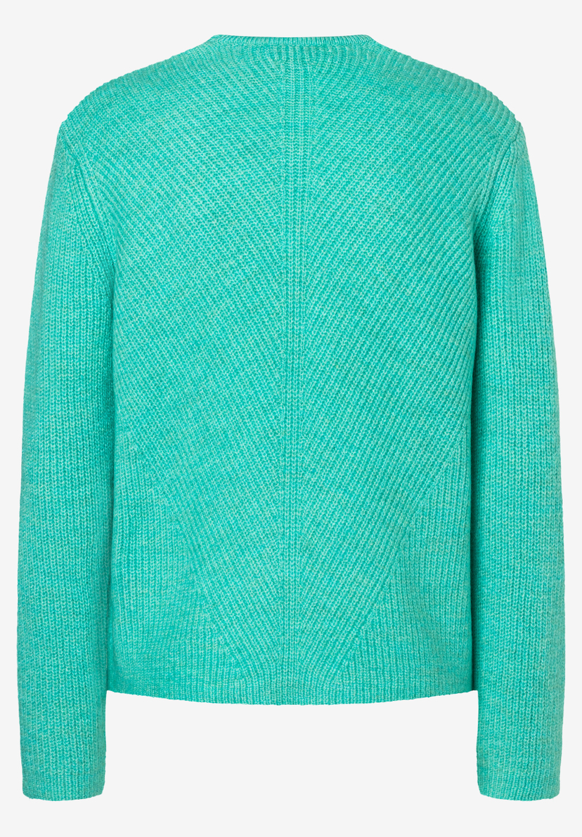 Ein türkisfarbener Rippstrick-Pullover von MORE & MORE mit langen Ärmeln. Ein türkisfarbener Rippstrick-Pullover von MORE & MORE mit langen Ärmeln.