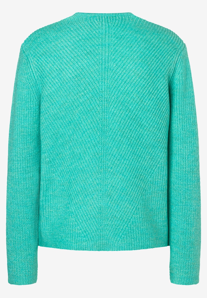 Ein türkisfarbener Rippstrick-Pullover von MORE & MORE mit langen Ärmeln. Ein türkisfarbener Rippstrick-Pullover von MORE & MORE mit langen Ärmeln.