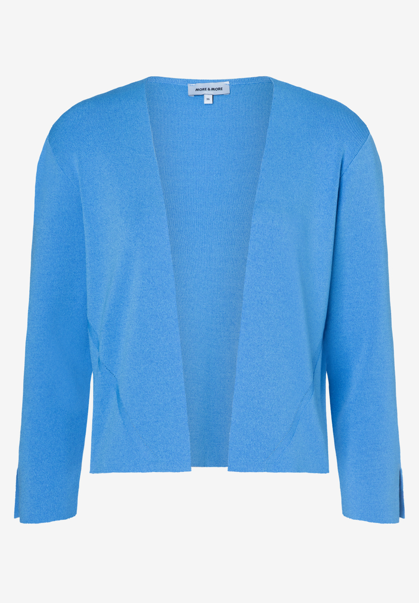 Eine hellblaue Strickjacke von MORE & MORE mit langen Ärmeln liegt auf einem weißen Hintergrund.