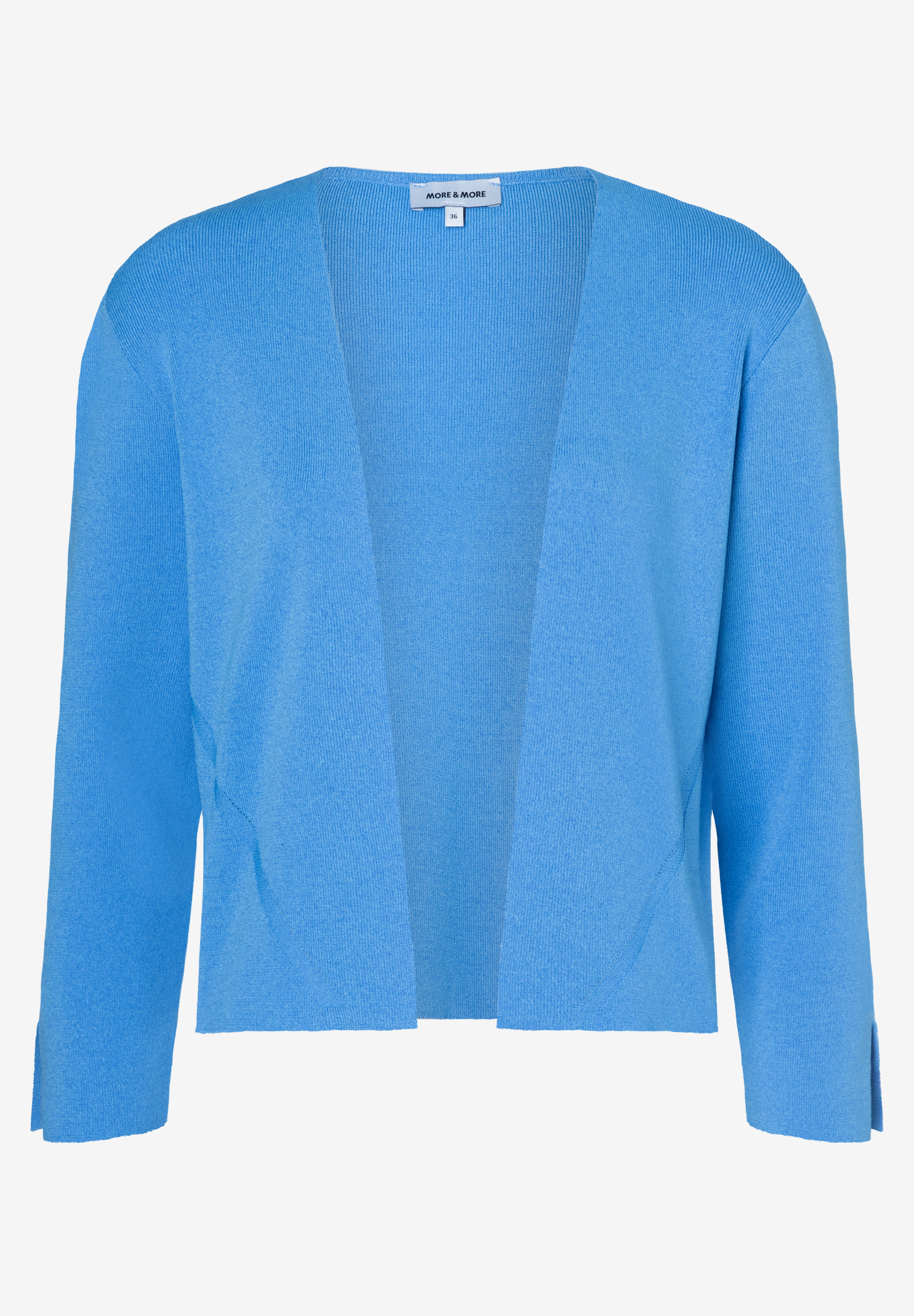 Eine hellblaue Strickjacke von MORE & MORE mit langen Ärmeln liegt auf einem weißen Hintergrund.