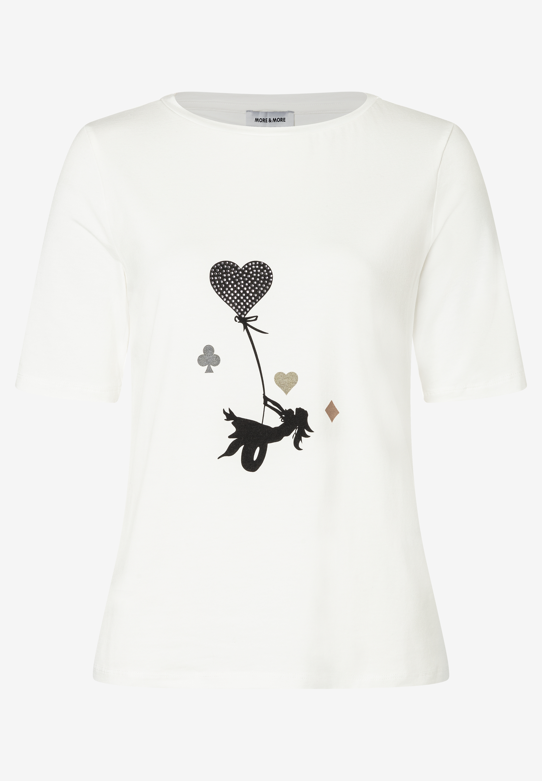 Ein weißes MORE & MORE T-Shirt mit einem Herzballon-Motiv. Ein weißes MORE & MORE T-Shirt mit einem Herzballon-Motiv.