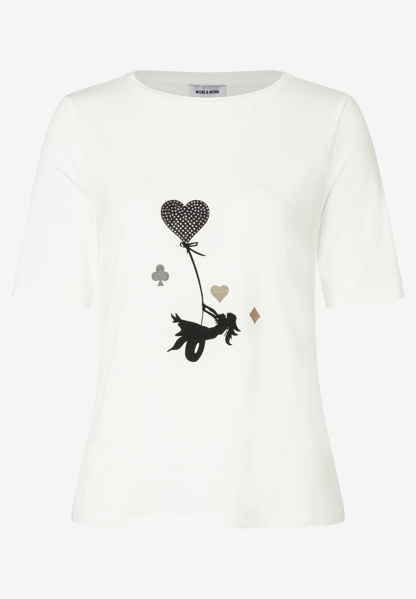 Ein weißes MORE & MORE T-Shirt mit einem Herzballon-Motiv. Ein weißes MORE & MORE T-Shirt mit einem Herzballon-Motiv.