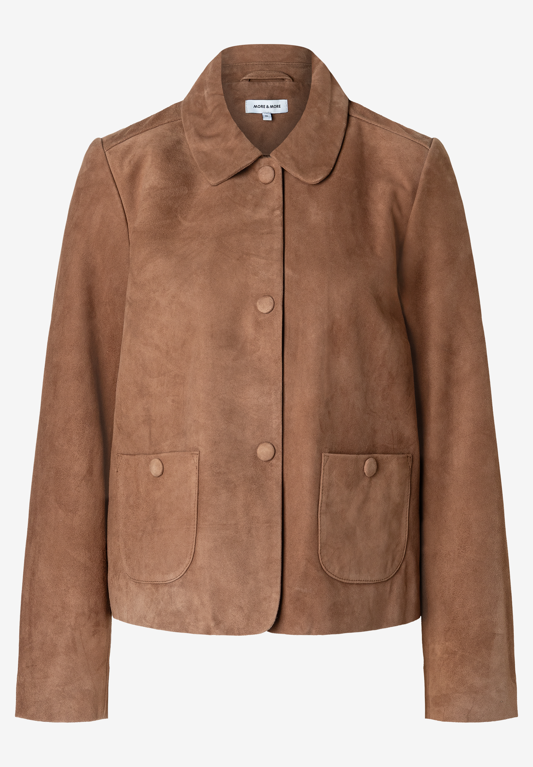 Eine MORE & MORE Jacke aus Veloursleder in Braun mit Knöpfen und aufgesetzten Taschen. Eine MORE & MORE Jacke aus Veloursleder in Braun mit Knöpfen und aufgesetzten Taschen.