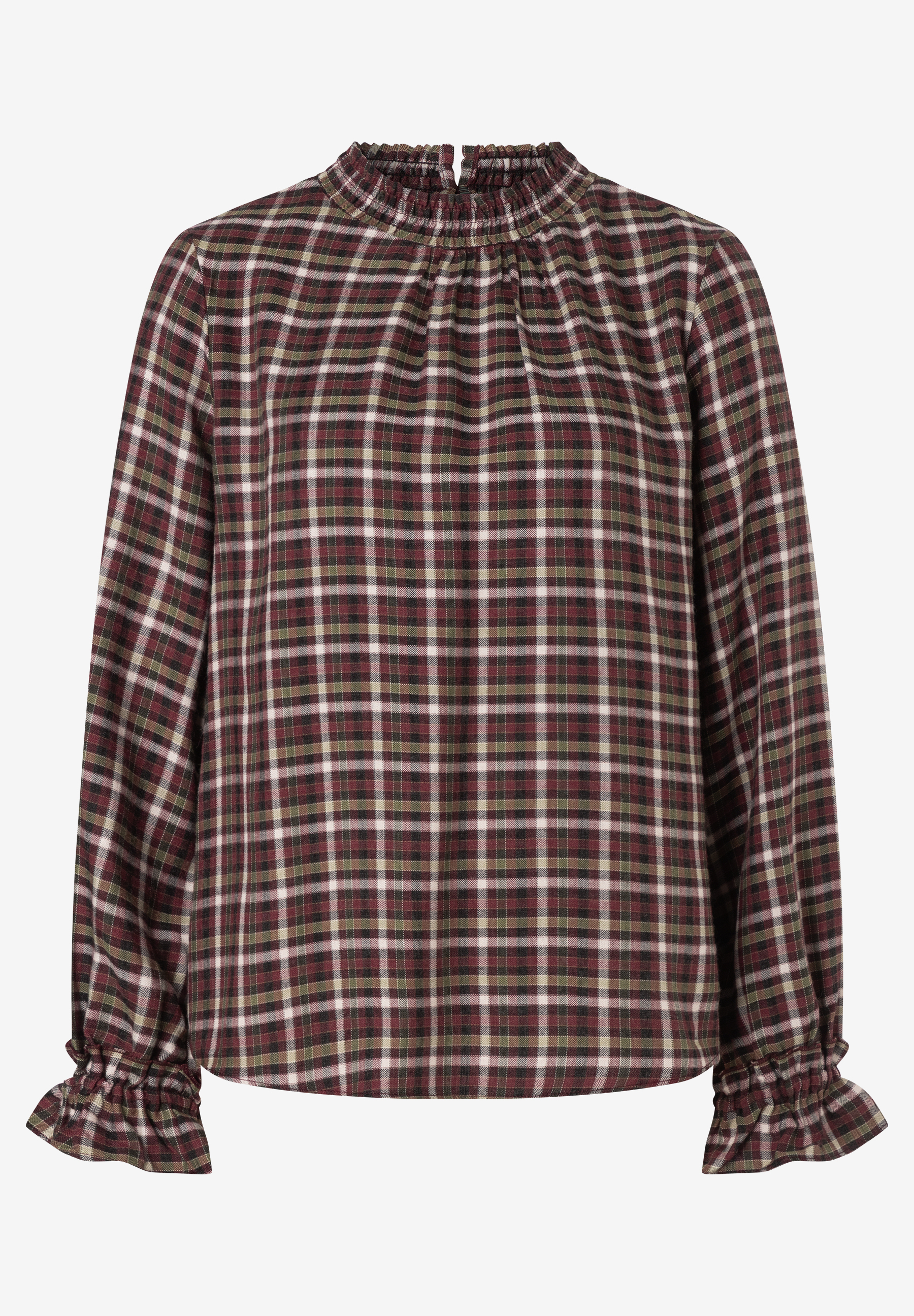 MORE & MORE Bluse im Karomuster in Weinrot, Schwarz, Grün & Weiß. Rüschenkragen und Ärmelbündchen, langer Ärmel.