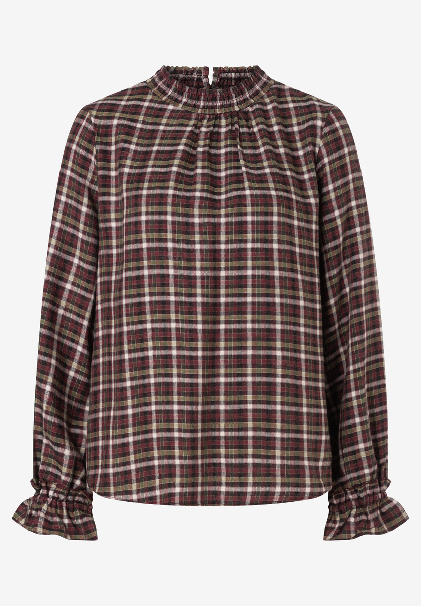 MORE & MORE Bluse im Karomuster in Weinrot, Schwarz, Grün & Weiß. Rüschenkragen und Ärmelbündchen, langer Ärmel. MORE & MORE Bluse im Karomuster in Weinrot, Schwarz, Grün & Weiß. Rüschenkragen und Ärmelbündchen, langer Ärmel.