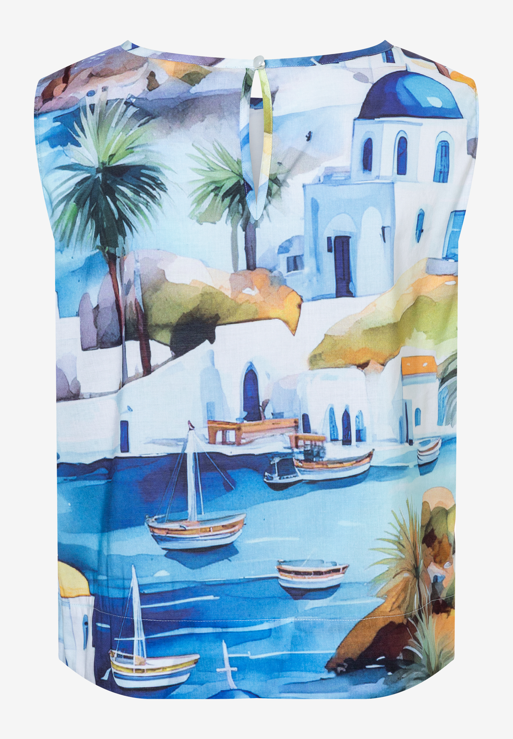 MORE & MORE Popeline-Bluse mit Santorini-Print, Palmen und Booten. Kragenloser Schnitt, Knopfverschluss am Nacken. MORE & MORE Popeline-Bluse mit Santorini-Print, Palmen und Booten. Kragenloser Schnitt, Knopfverschluss am Nacken.