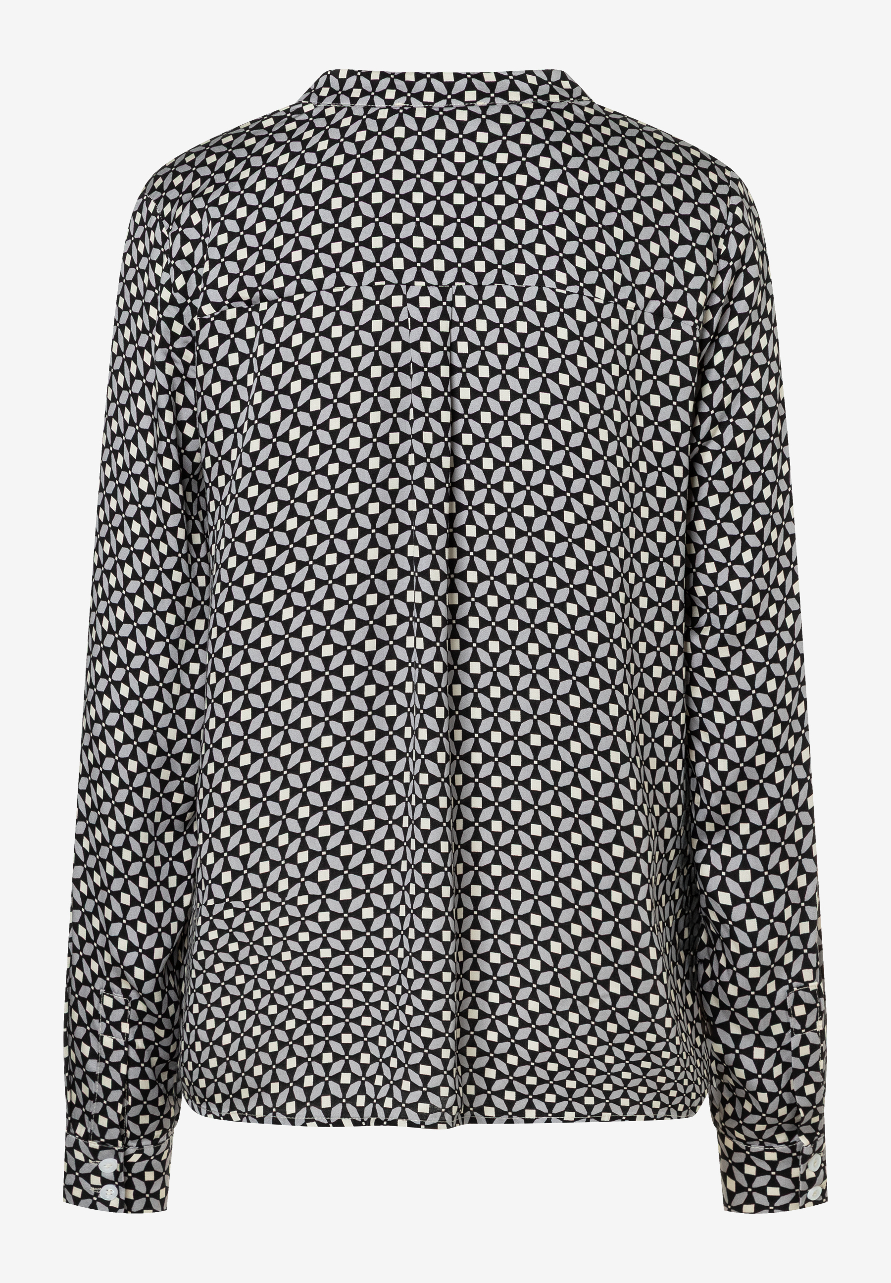 Eine MORE & MORE Bluse mit grafischem Muster in Schwarz, Weiß und Grau. Lange Ärmel und Knopfleiste am Handgelenk. Eine MORE & MORE Bluse mit grafischem Muster in Schwarz, Weiß und Grau. Lange Ärmel und Knopfleiste am Handgelenk.