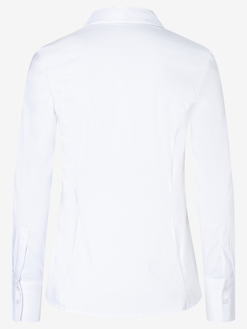 Rückansicht einer weißen Bluse von MORE & MORE aus Baumwollmischung mit Stretch für angenehmen Tragekomfort. Rückansicht einer weißen Bluse von MORE & MORE aus Baumwollmischung mit Stretch für angenehmen Tragekomfort.