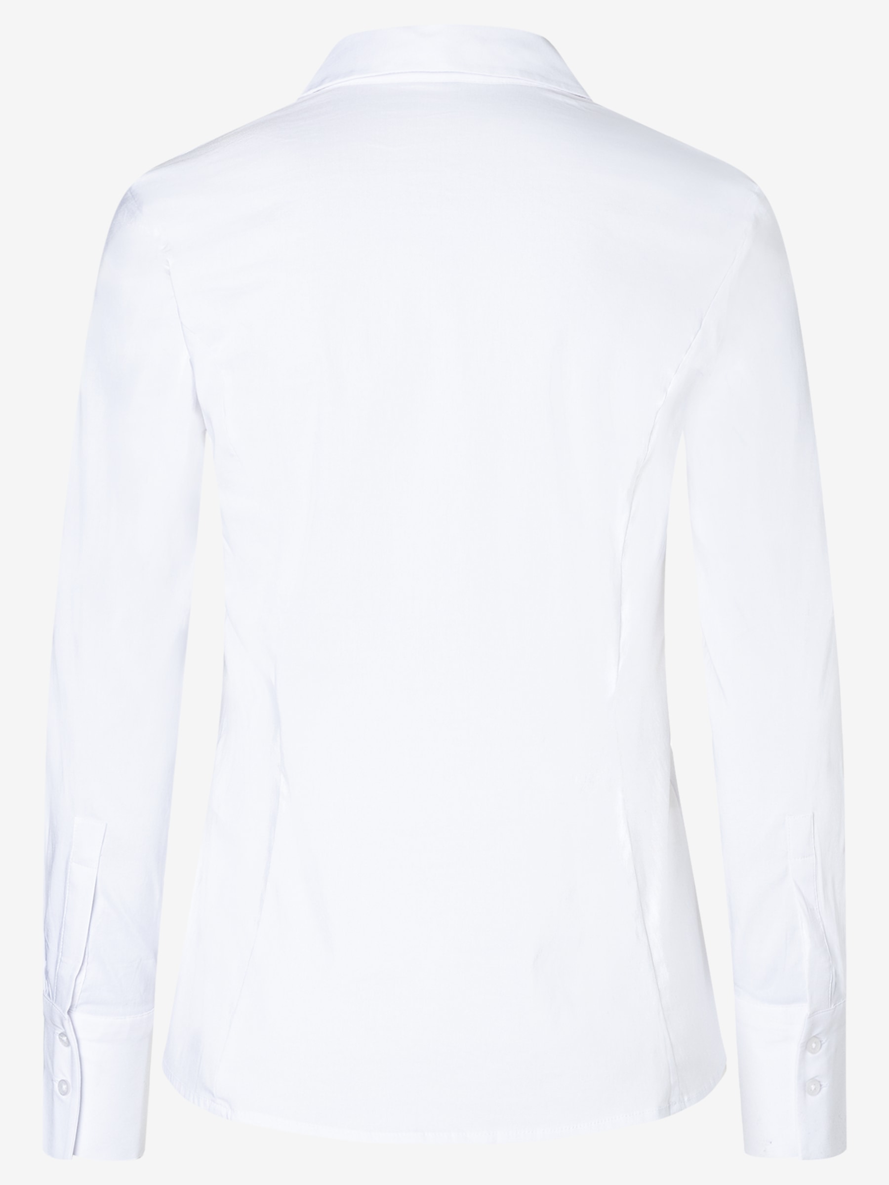 Rückansicht einer weißen Bluse von MORE & MORE aus Baumwollmischung mit Stretch für angenehmen Tragekomfort. Rückansicht einer weißen Bluse von MORE & MORE aus Baumwollmischung mit Stretch für angenehmen Tragekomfort.
