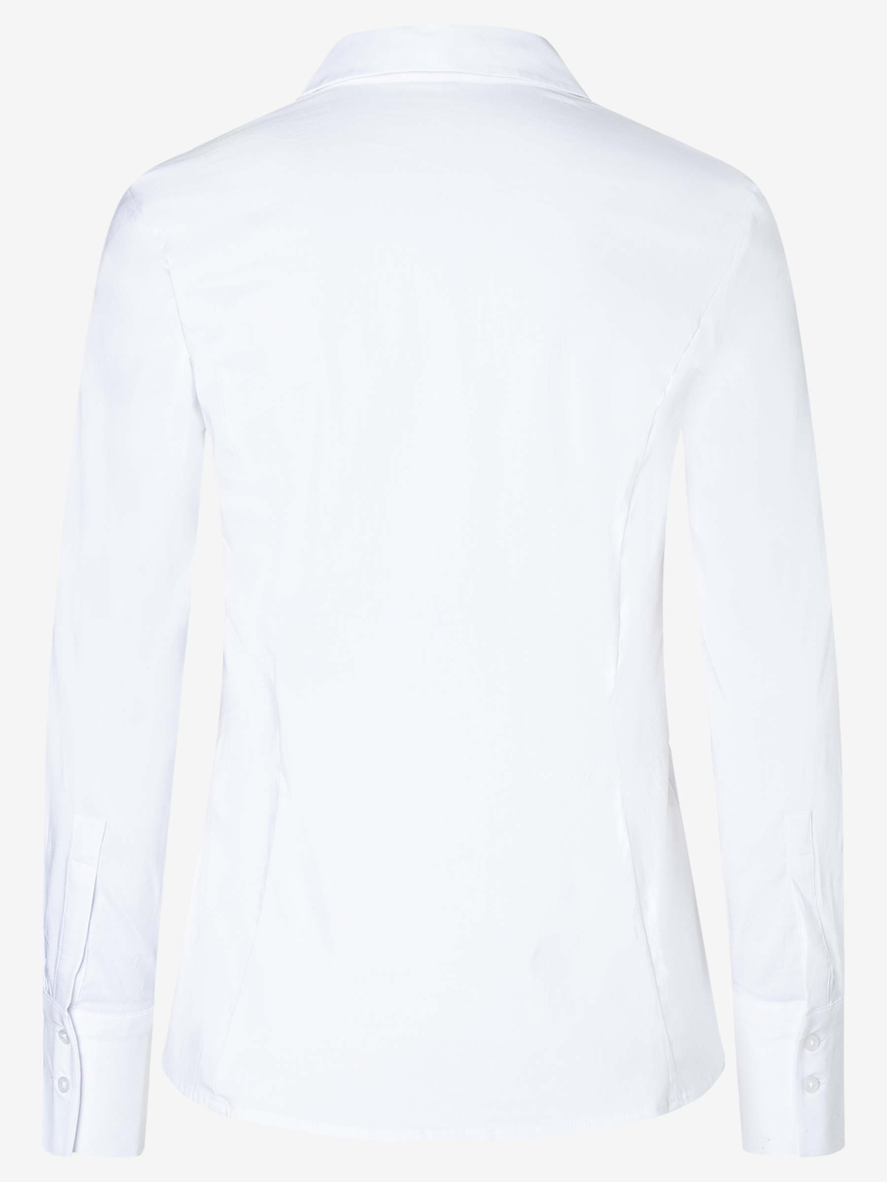 Rückansicht einer weißen Bluse von MORE & MORE aus Baumwollmischung mit Stretch für angenehmen Tragekomfort. Rückansicht einer weißen Bluse von MORE & MORE aus Baumwollmischung mit Stretch für angenehmen Tragekomfort.