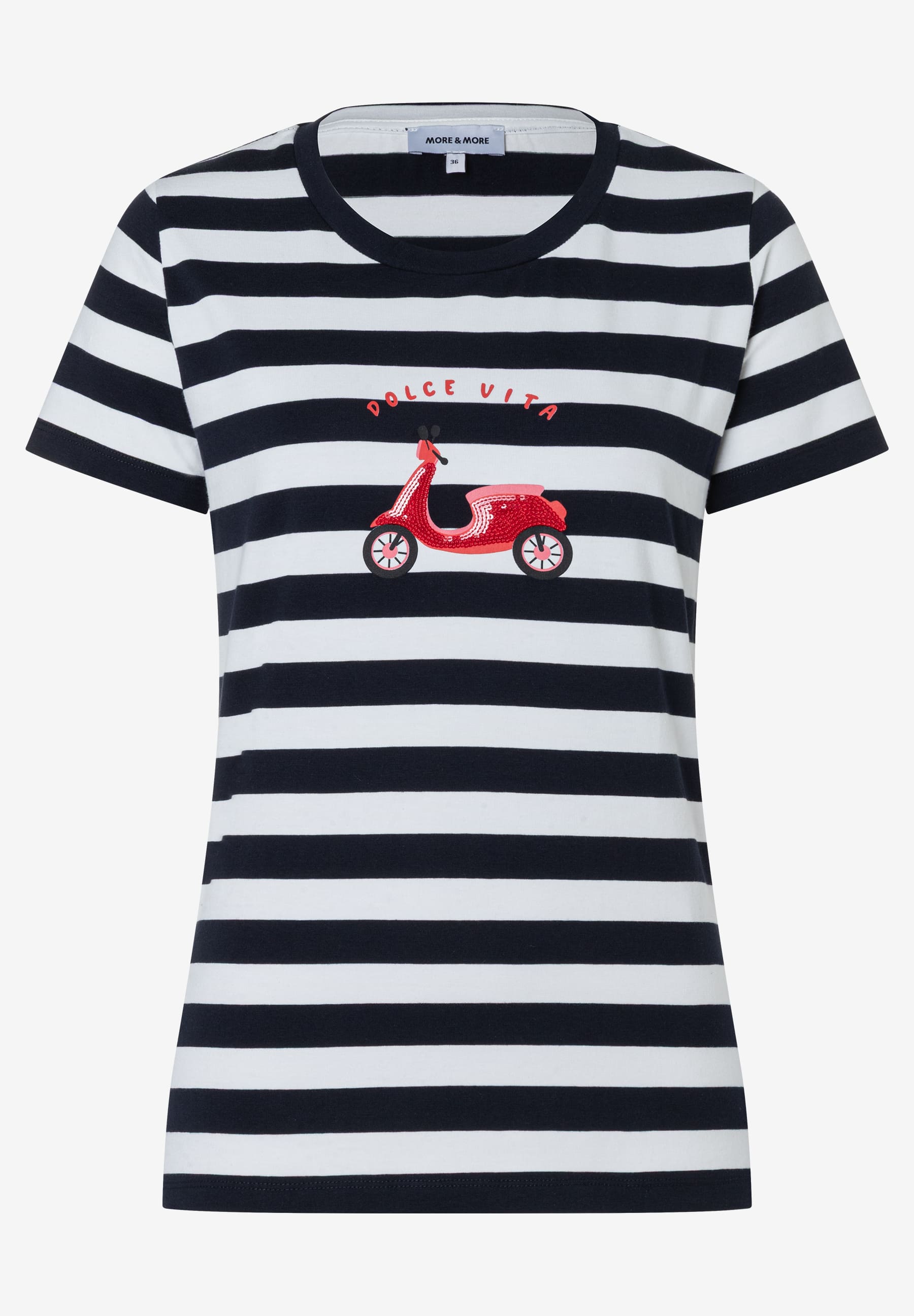 Ein gestreiftes MORE & MORE T-Shirt mit rotem Vespa-Aufdruck und dem Schriftzug "Dolce Vita". Ein gestreiftes MORE & MORE T-Shirt mit rotem Vespa-Aufdruck und dem Schriftzug "Dolce Vita".