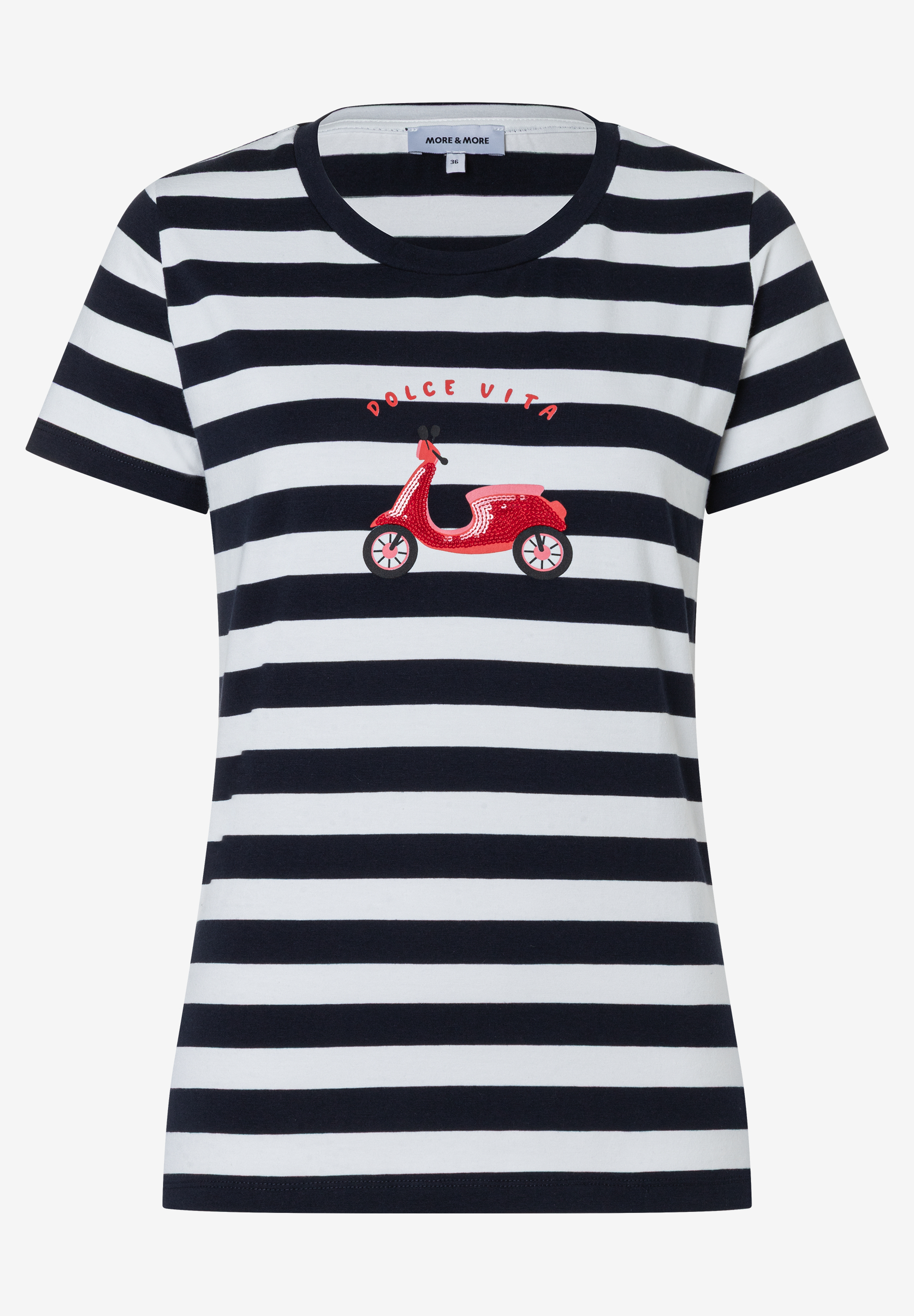Ein gestreiftes MORE & MORE T-Shirt mit rotem Vespa-Aufdruck und dem Schriftzug "Dolce Vita". Ein gestreiftes MORE & MORE T-Shirt mit rotem Vespa-Aufdruck und dem Schriftzug "Dolce Vita".