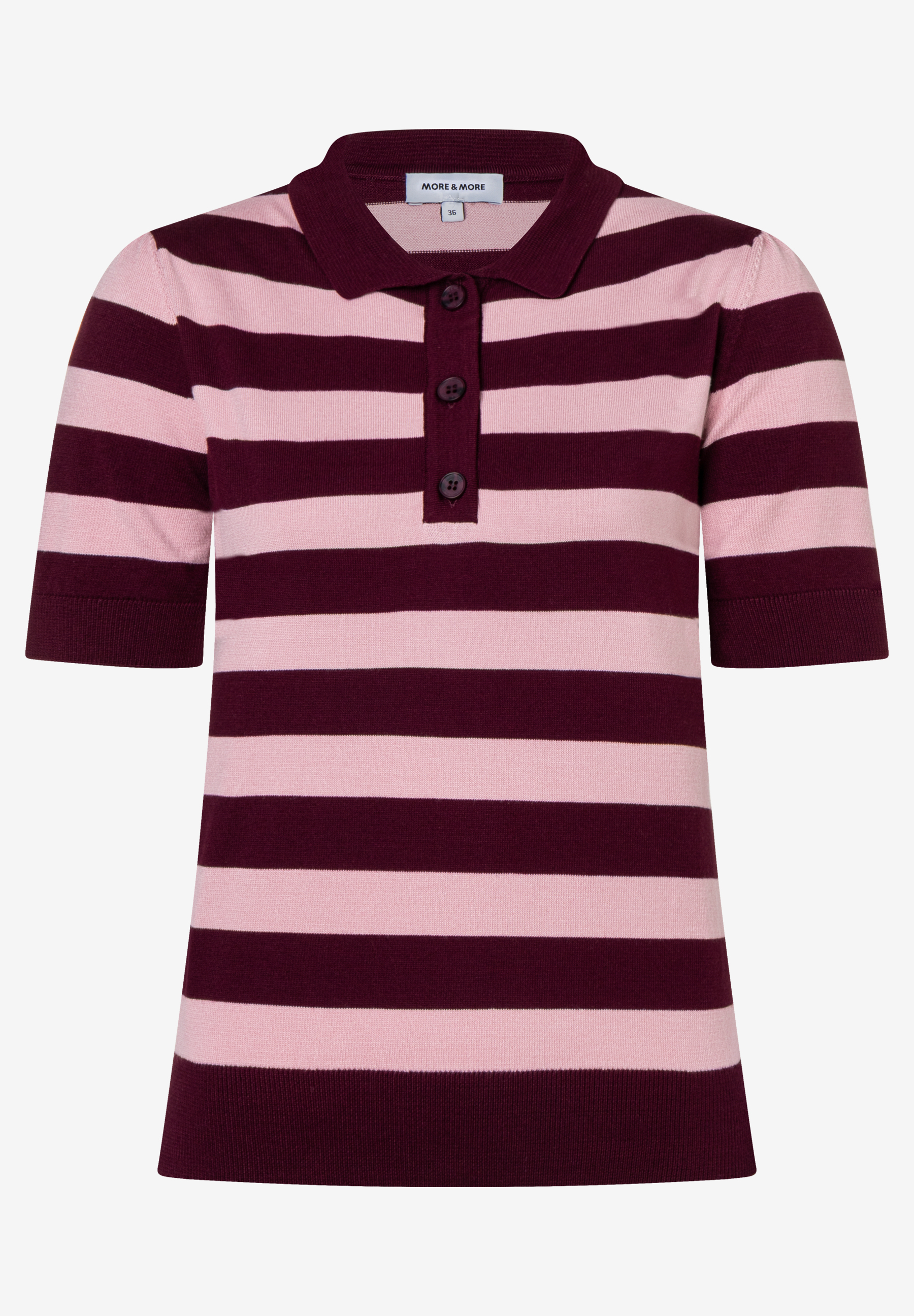 MORE & MORE Feinstrick-Polo-Pullover mit kurzen Ärmeln in Rosa und Bordeaux gestreift für angenehmen Tragekomfort. MORE & MORE Feinstrick-Polo-Pullover mit kurzen Ärmeln in Rosa und Bordeaux gestreift für angenehmen Tragekomfort.