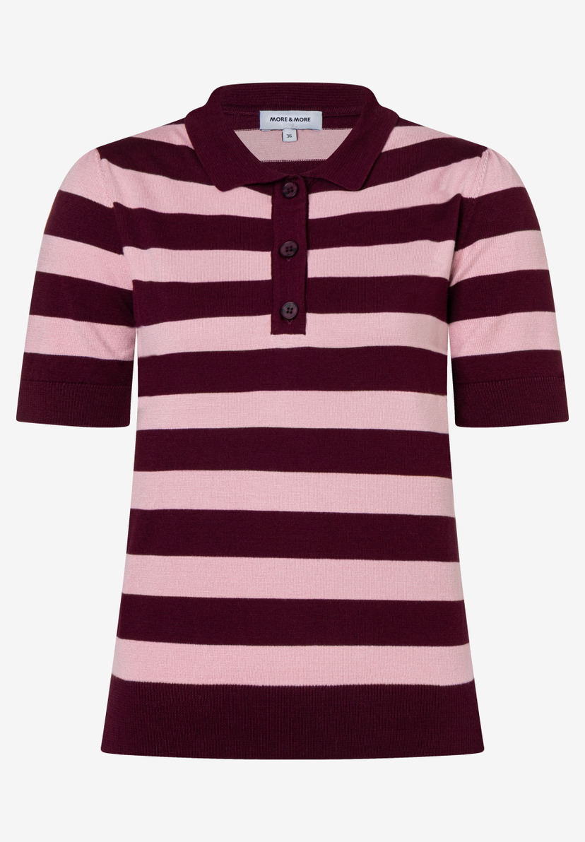 MORE & MORE Feinstrick-Polo-Pullover mit kurzen Ärmeln in Rosa und Bordeaux gestreift für angenehmen Tragekomfort. MORE & MORE Feinstrick-Polo-Pullover mit kurzen Ärmeln in Rosa und Bordeaux gestreift für angenehmen Tragekomfort.