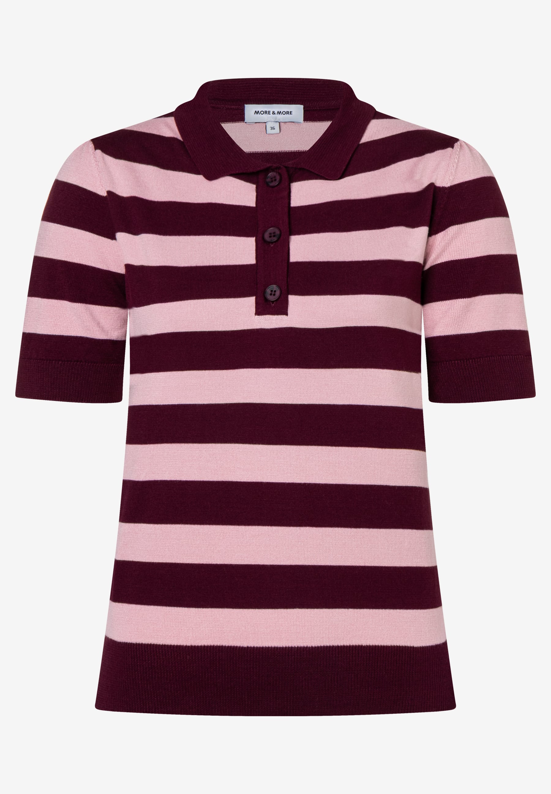 MORE & MORE Feinstrick-Polo-Pullover mit kurzen Ärmeln in Rosa und Bordeaux gestreift für angenehmen Tragekomfort. MORE & MORE Feinstrick-Polo-Pullover mit kurzen Ärmeln in Rosa und Bordeaux gestreift für angenehmen Tragekomfort.