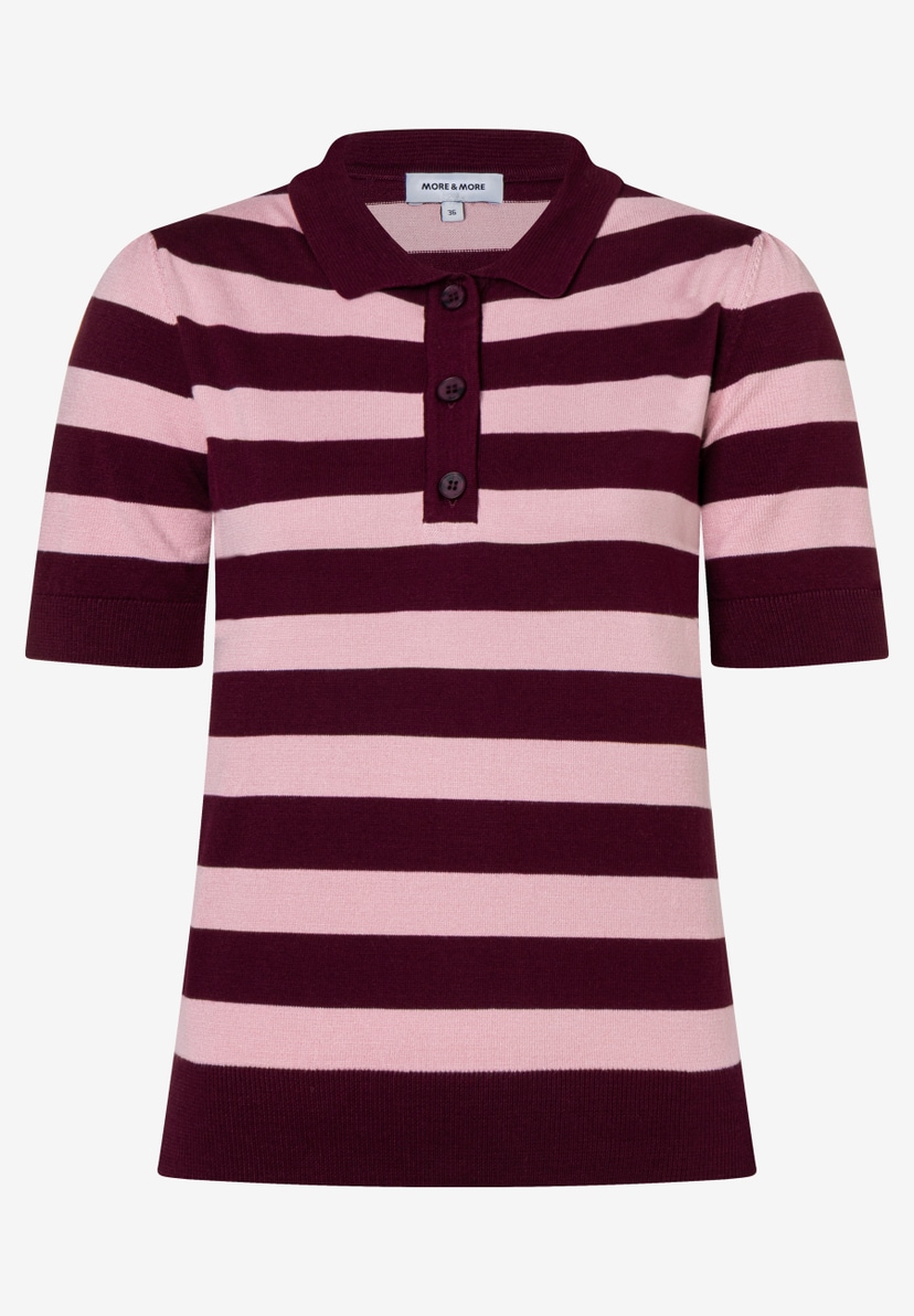 MORE & MORE Feinstrick-Polo-Pullover mit kurzen Ärmeln in Rosa und Bordeaux gestreift für angenehmen Tragekomfort. MORE & MORE Feinstrick-Polo-Pullover mit kurzen Ärmeln in Rosa und Bordeaux gestreift für angenehmen Tragekomfort.
