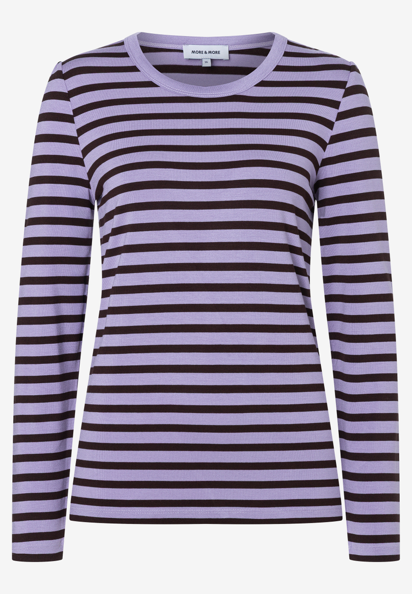 MORE & MORE Langarm-T-Shirt mit runden Halsausschnitt in lila mit braunen Streifen