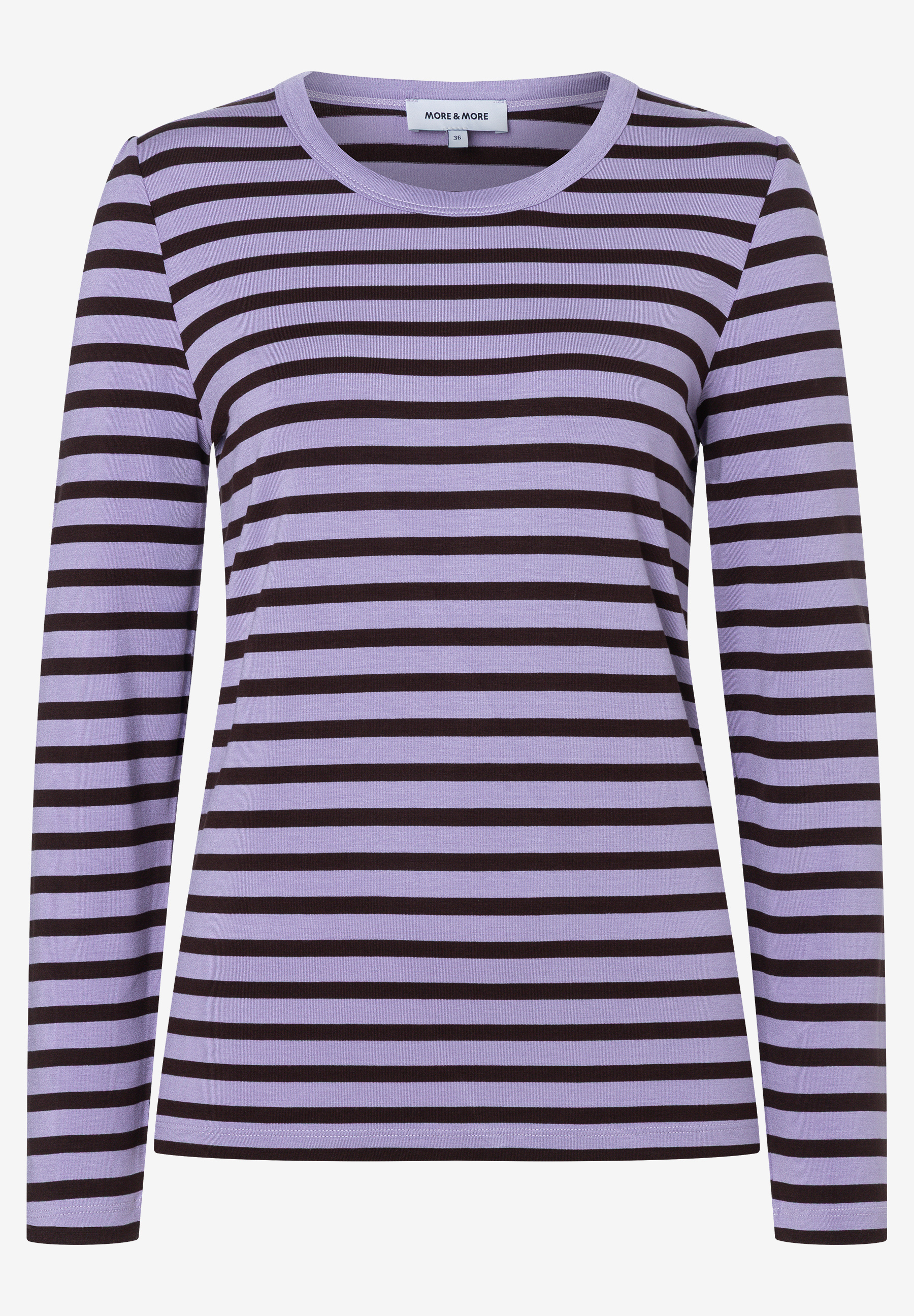 MORE & MORE Langarm-T-Shirt mit runden Halsausschnitt in lila mit braunen Streifen