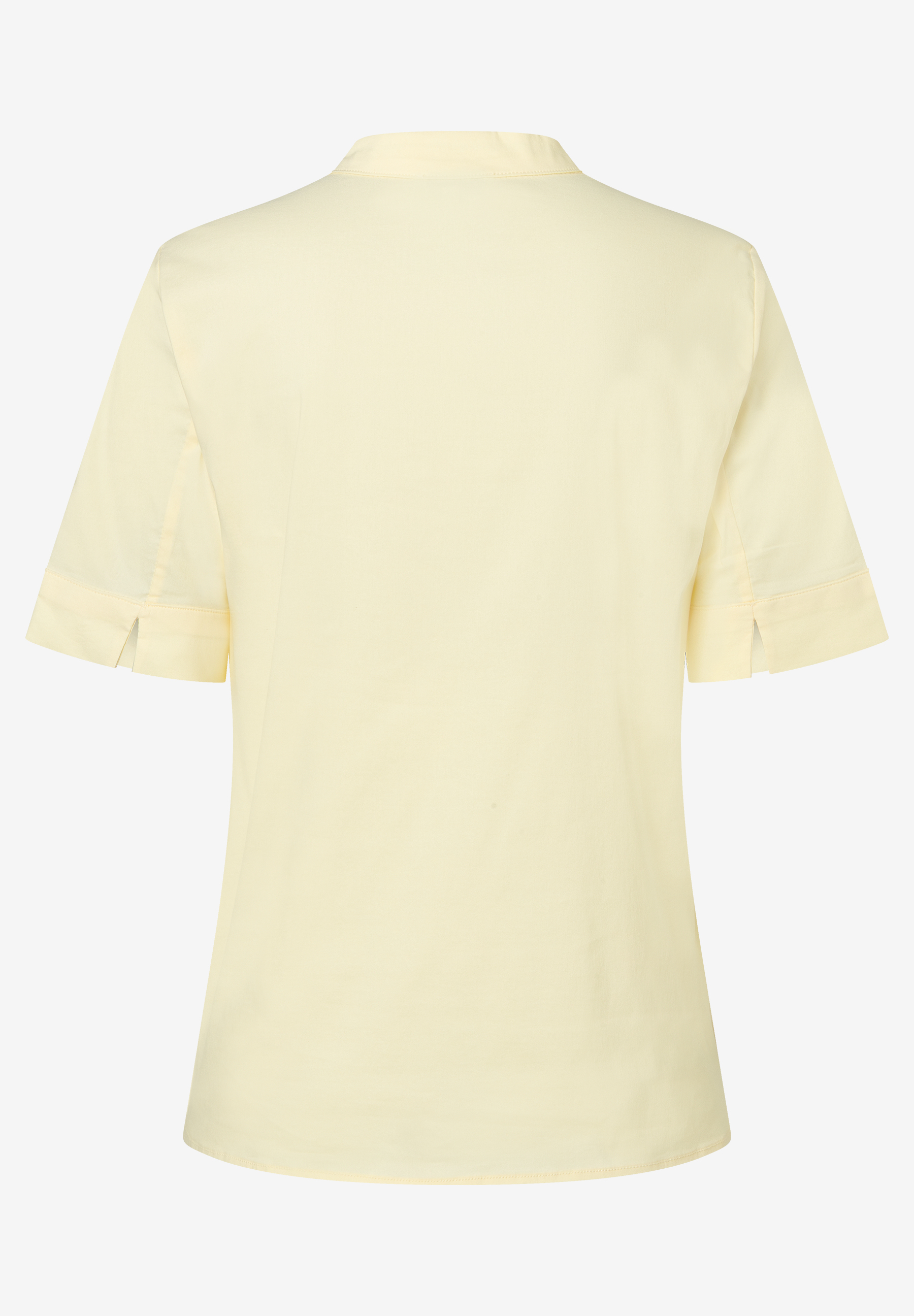 MORE & MORE Damen-Bluse aus Popeline in Hellgelb mit kurzen Ärmeln und hohem Kragen, Rückansicht. MORE & MORE Damen-Bluse aus Popeline in Hellgelb mit kurzen Ärmeln und hohem Kragen, Rückansicht.