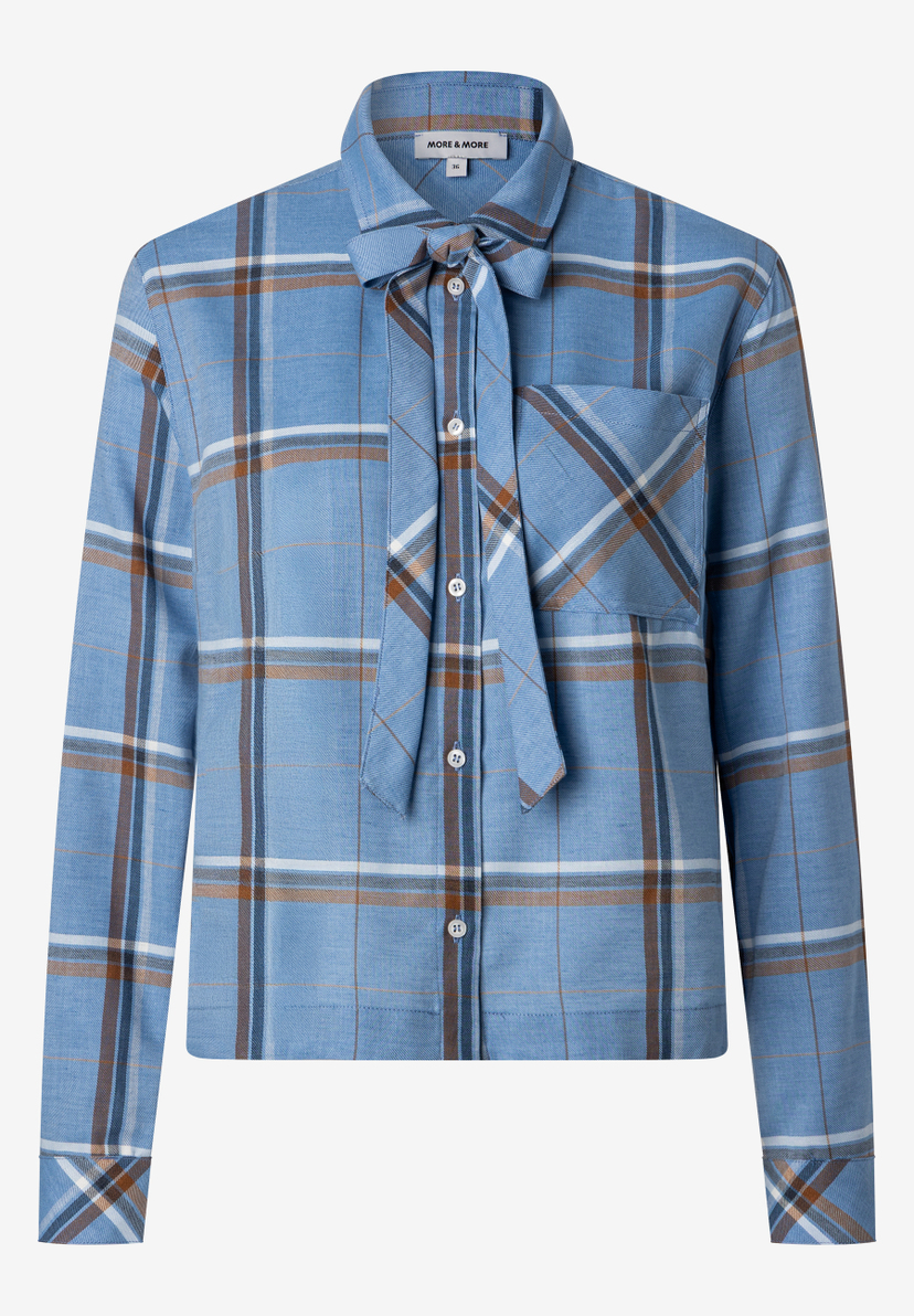 MORE & MORE Bluse mit Hahnentrittmuster in Blau, Weiß und Braun, Bindedetail am Kragen, Brusttasche und Knopfleiste.