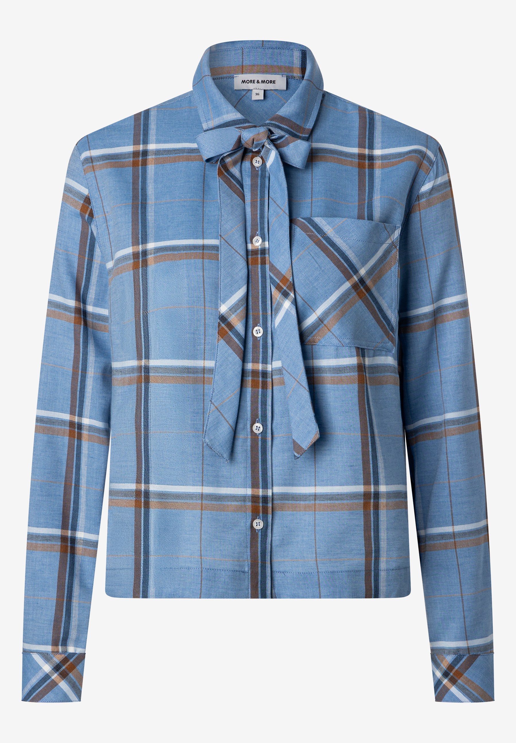 MORE & MORE Bluse mit Hahnentrittmuster in Blau, Weiß und Braun, Bindedetail am Kragen, Brusttasche und Knopfleiste. MORE & MORE Bluse mit Hahnentrittmuster in Blau, Weiß und Braun, Bindedetail am Kragen, Brusttasche und Knopfleiste.
