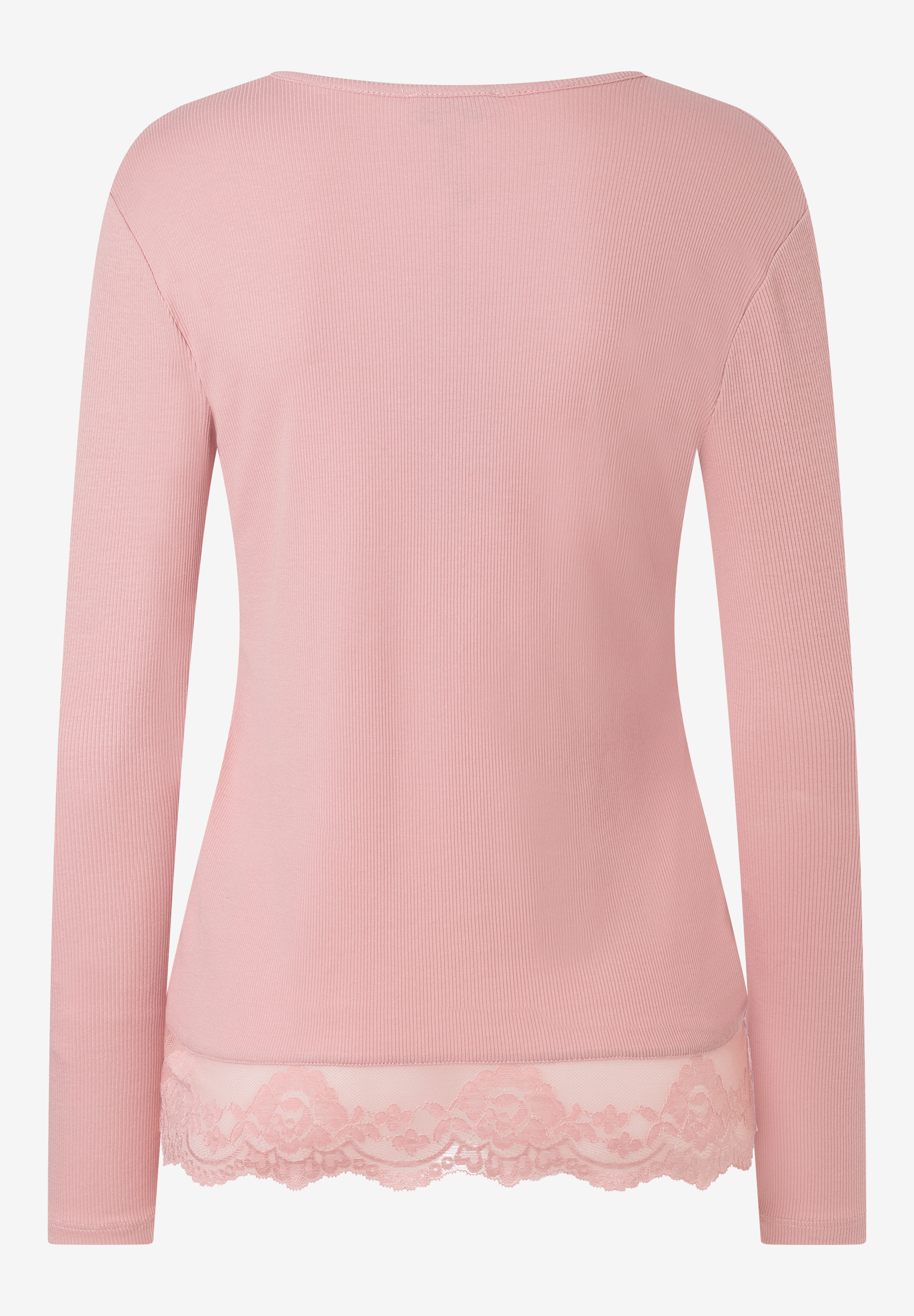 MORE & MORE Rippstrick-Shirt in Zartrosa mit Spitze und Langarm. Eleganter Look, angenehm zu tragen.