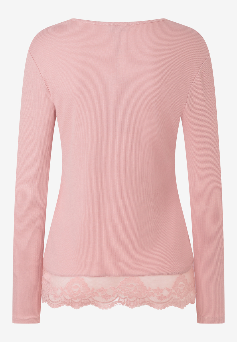 MORE & MORE Rippstrick-Shirt in Zartrosa mit Spitze und Langarm. Eleganter Look, angenehm zu tragen. MORE & MORE Rippstrick-Shirt in Zartrosa mit Spitze und Langarm. Eleganter Look, angenehm zu tragen.