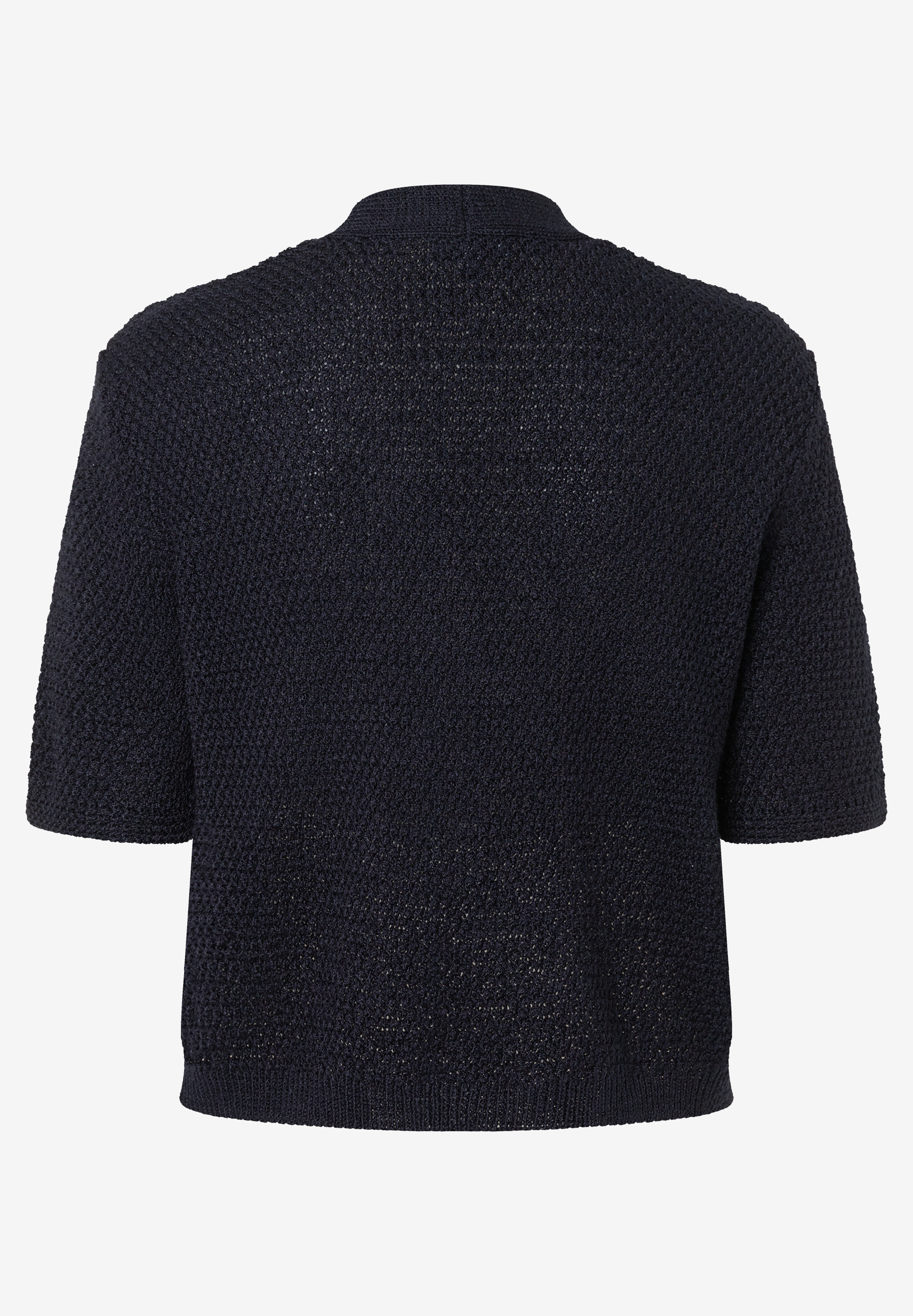 Ein dunkelblauer Strickpullover von MORE & MORE mit kurzen Ärmeln auf weißem Hintergrund. Ein dunkelblauer Strickpullover von MORE & MORE mit kurzen Ärmeln auf weißem Hintergrund.