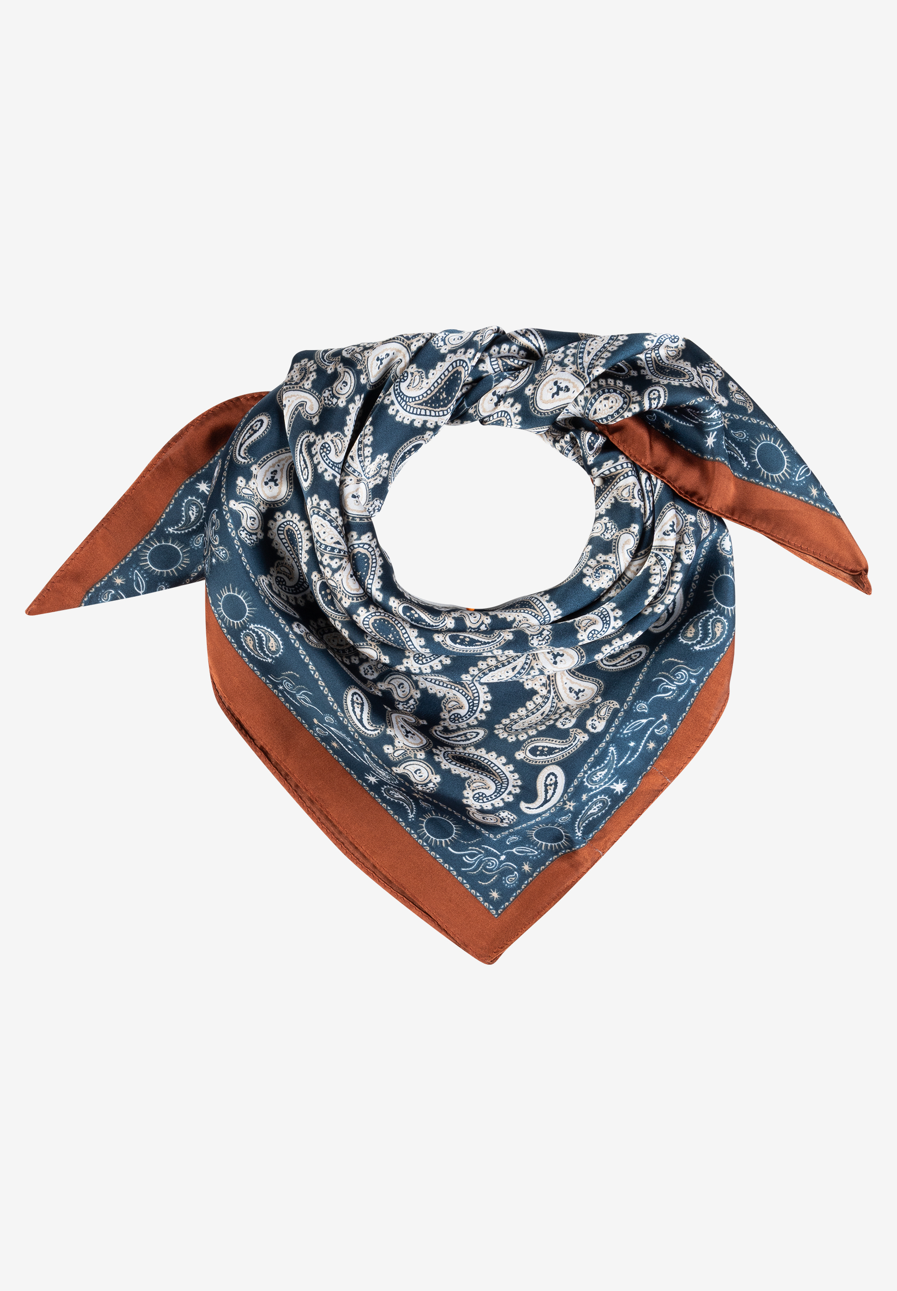 MORE & MORE Accessoire: Blauer Paisley-Schal mit braunem Rand und Details wie Sonne und Sterne. MORE & MORE Accessoire: Blauer Paisley-Schal mit braunem Rand und Details wie Sonne und Sterne.