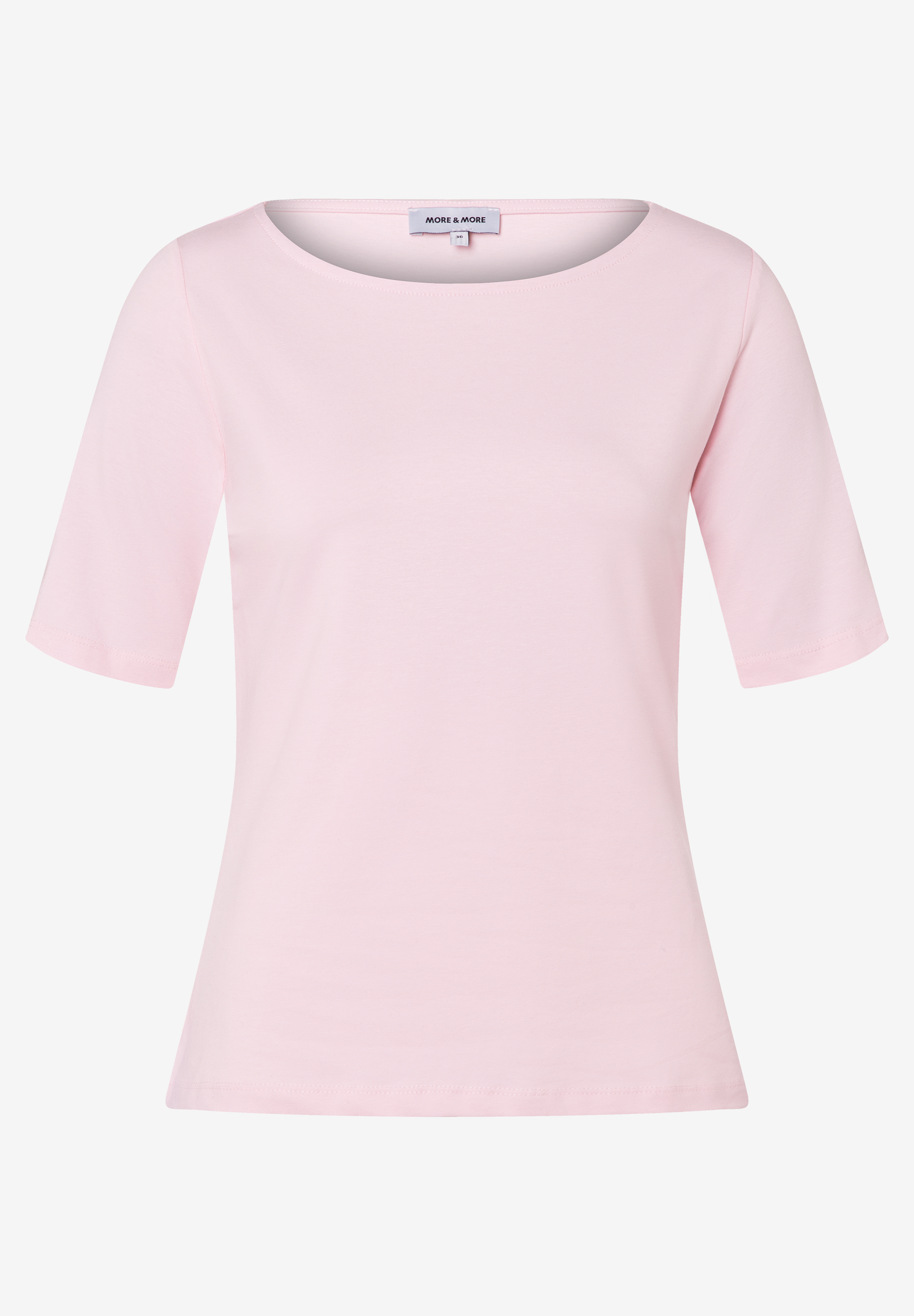 Ein rosa T-Shirt von MORE & MORE mit kurzen Ärmeln und geradem Ausschnitt. Ein rosa T-Shirt von MORE & MORE mit kurzen Ärmeln und geradem Ausschnitt.