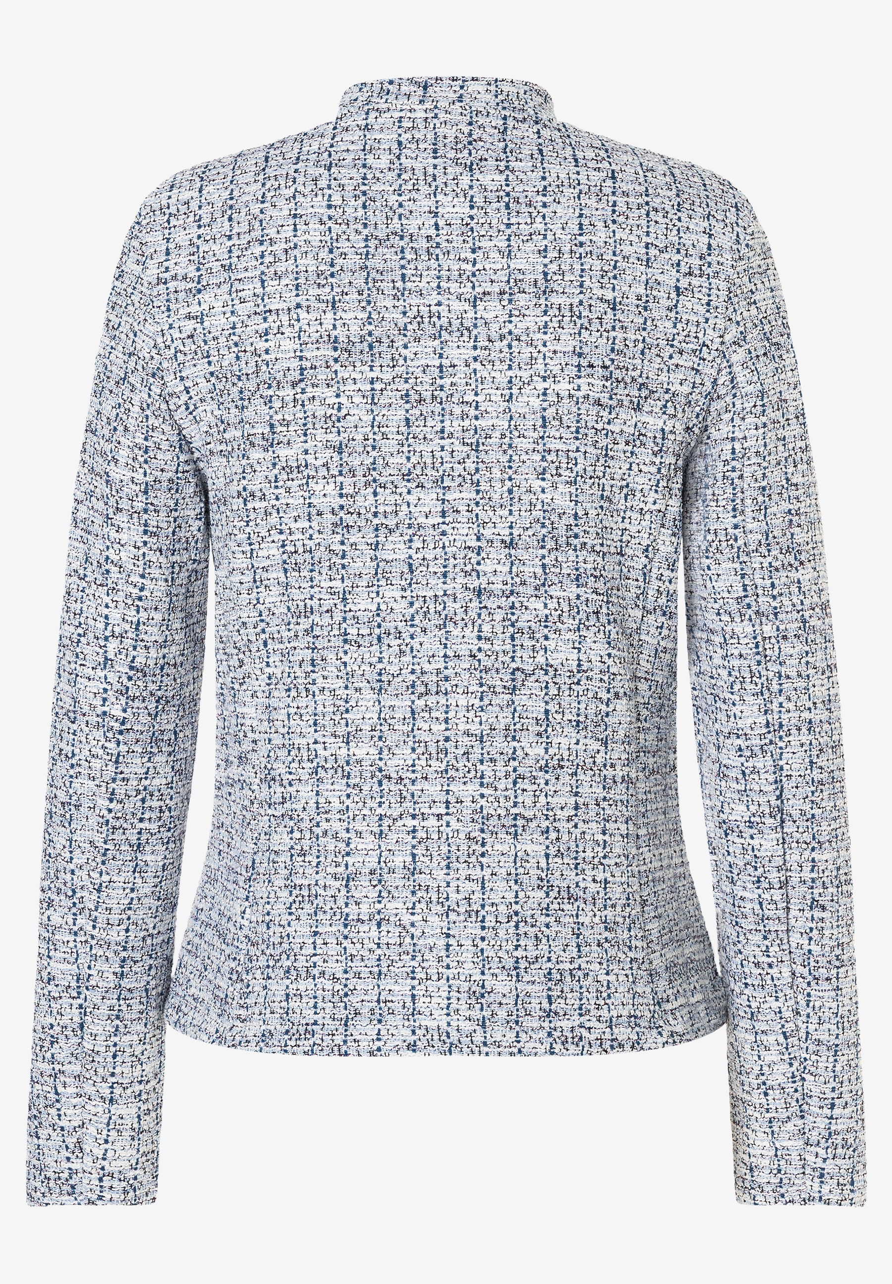 Rückansicht eines Blazers von MORE & MORE aus blau-weißem Bouclé-Jersey mit hohem, schmalen Kragen. Rückansicht eines Blazers von MORE & MORE aus blau-weißem Bouclé-Jersey mit hohem, schmalen Kragen.