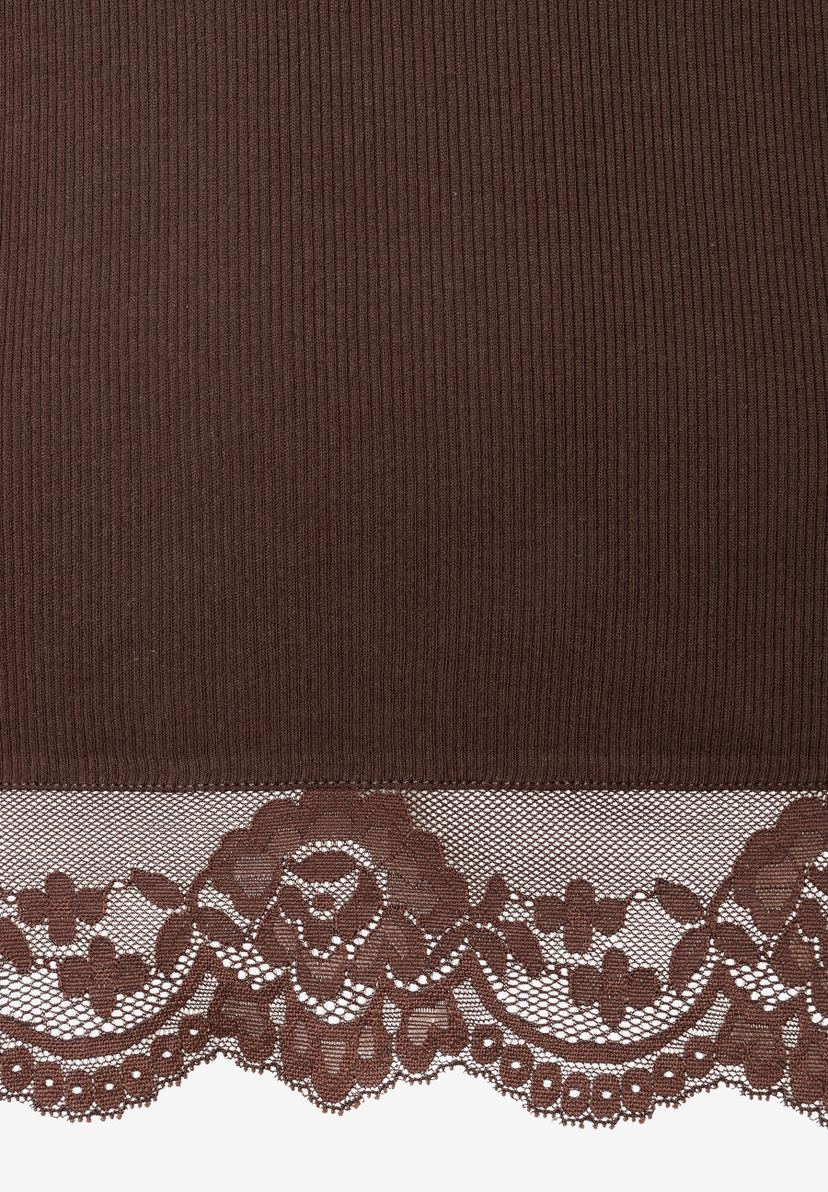 MORE & MORE T-Shirt/Top aus geripptem, braunem Stoff mit bestickter Spitze am unteren Saum