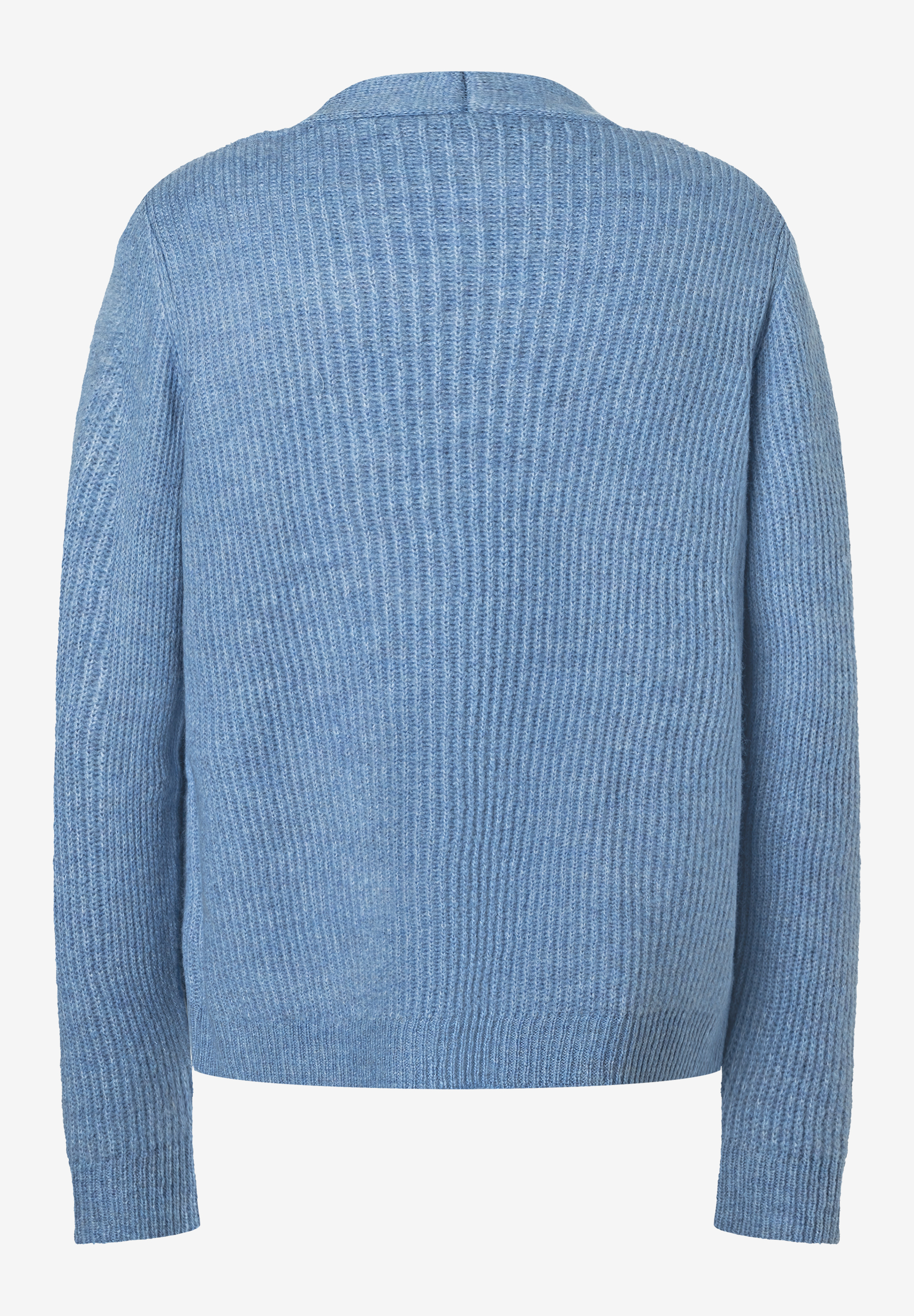 MORE & MORE Rippstrick-Pullover in hellblau, Rückansicht. Ein schmaler, doppelter Kragen ragt aus dem Pullover.