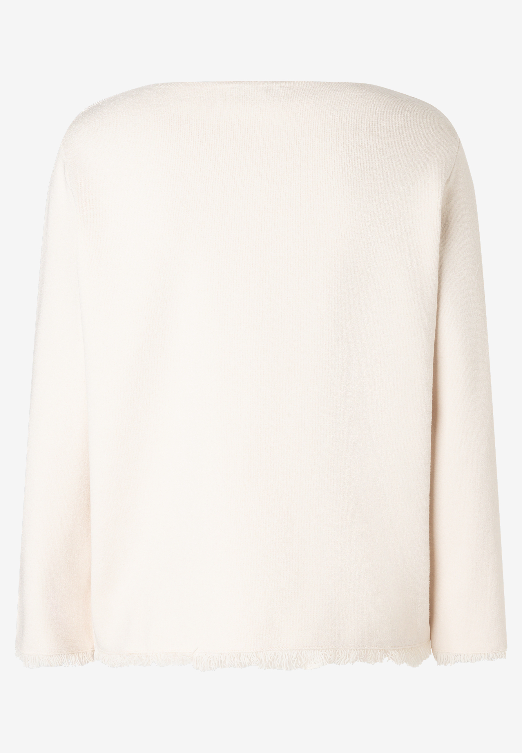 MORE & MORE Damen-Pullover in gebrochenem Weiß mit weitem Rundhalsausschnitt und Fransen am Saum. MORE & MORE Damen-Pullover in gebrochenem Weiß mit weitem Rundhalsausschnitt und Fransen am Saum.