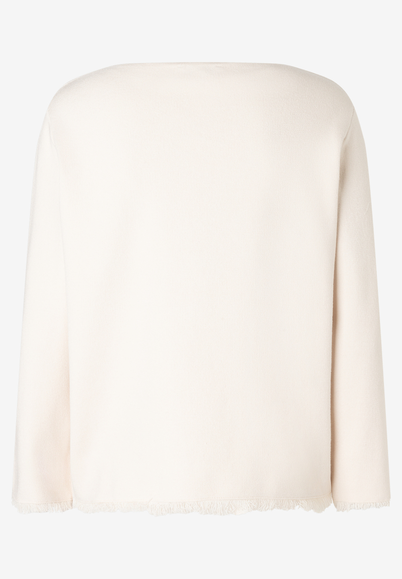 MORE & MORE Damen-Pullover in gebrochenem Weiß mit weitem Rundhalsausschnitt und Fransen am Saum. MORE & MORE Damen-Pullover in gebrochenem Weiß mit weitem Rundhalsausschnitt und Fransen am Saum.