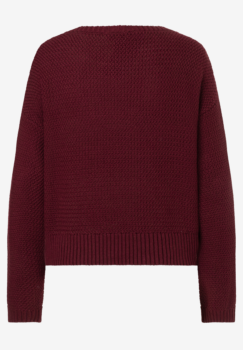 MORE & MORE Damen-Pullover aus weinrotem Grobstrick mit V-Ausschnitt, langen Ärmeln und geripptem Saum und Bündchen.