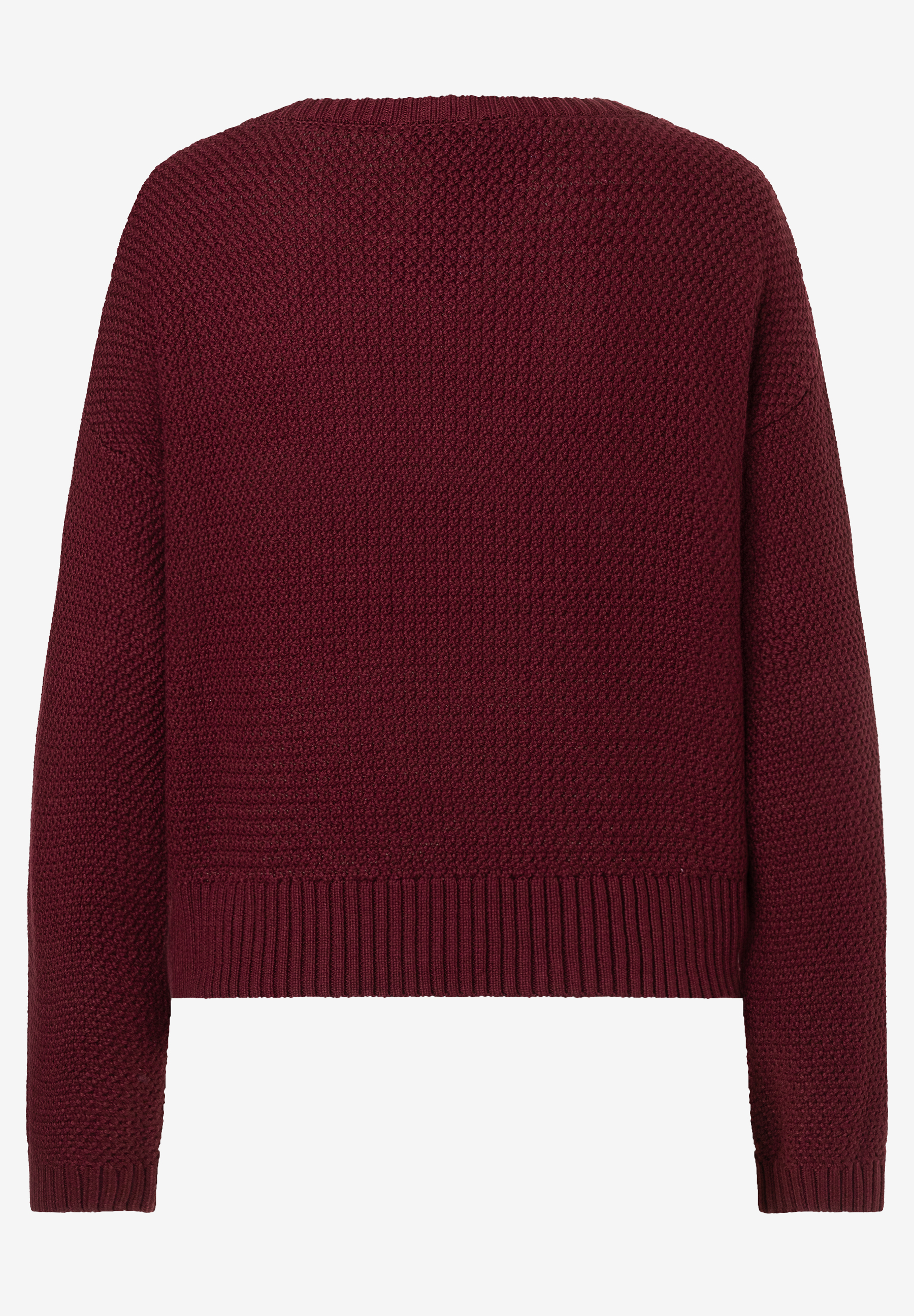 MORE & MORE Damen-Pullover aus weinrotem Grobstrick mit V-Ausschnitt, langen Ärmeln und geripptem Saum und Bündchen. MORE & MORE Damen-Pullover aus weinrotem Grobstrick mit V-Ausschnitt, langen Ärmeln und geripptem Saum und Bündchen.