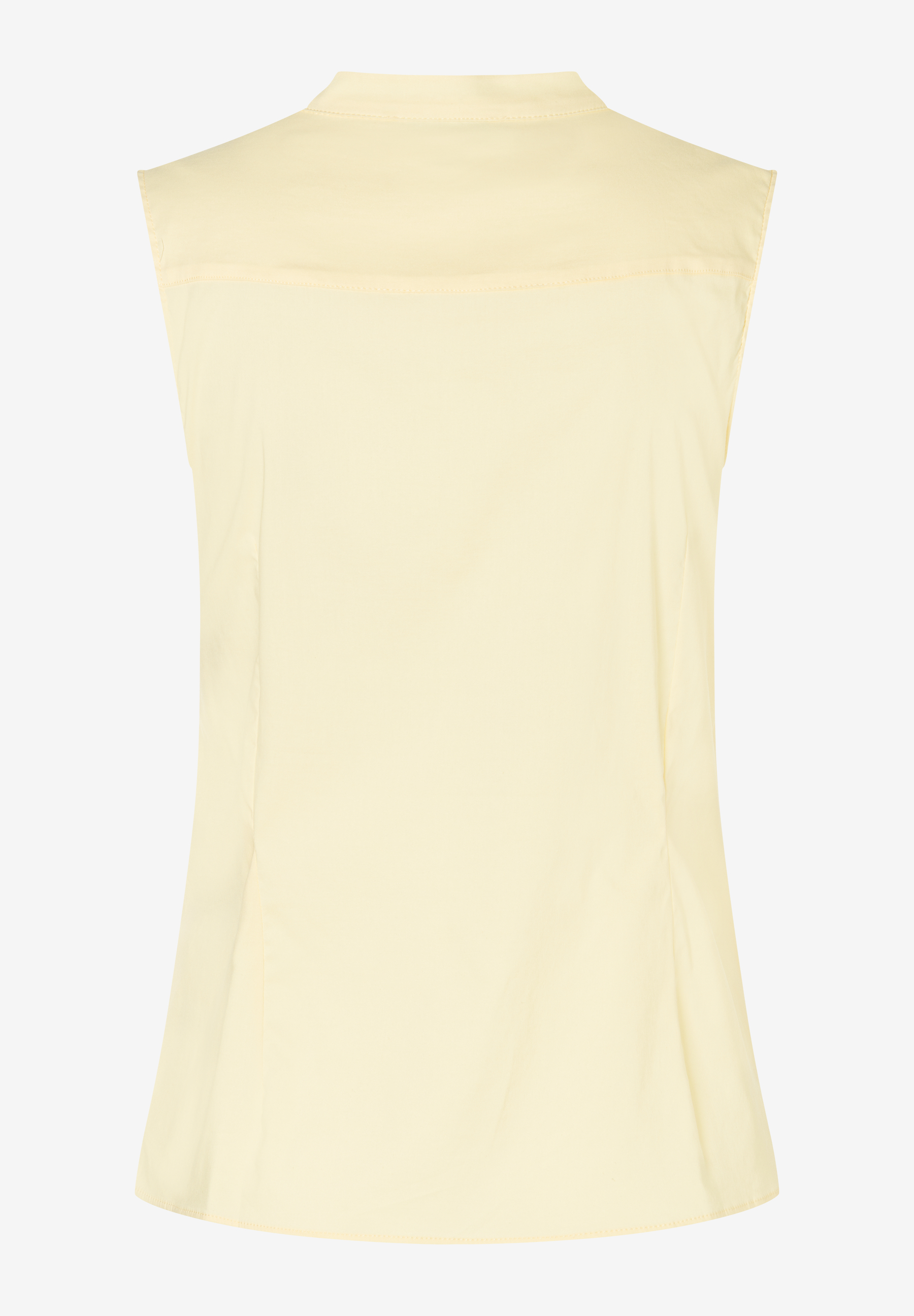 MORE & MORE Damen-Bluse aus cremefarbener Popeline mit Stehkragen und schmalen Schultern, Rückansicht. MORE & MORE Damen-Bluse aus cremefarbener Popeline mit Stehkragen und schmalen Schultern, Rückansicht.