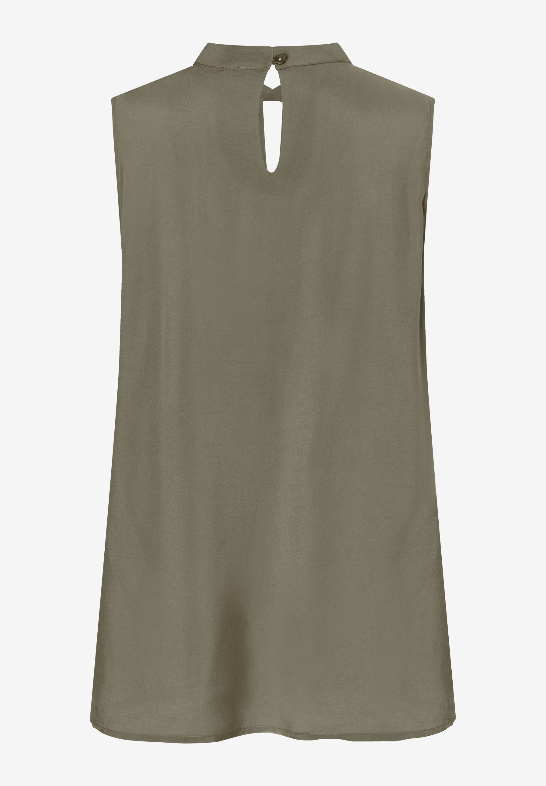 Rückenansicht der MORE & MORE Bluse in Olivgrün mit Stehkragen und Schlitz mit Knopfverschluss. Rückenansicht der MORE & MORE Bluse in Olivgrün mit Stehkragen und Schlitz mit Knopfverschluss.