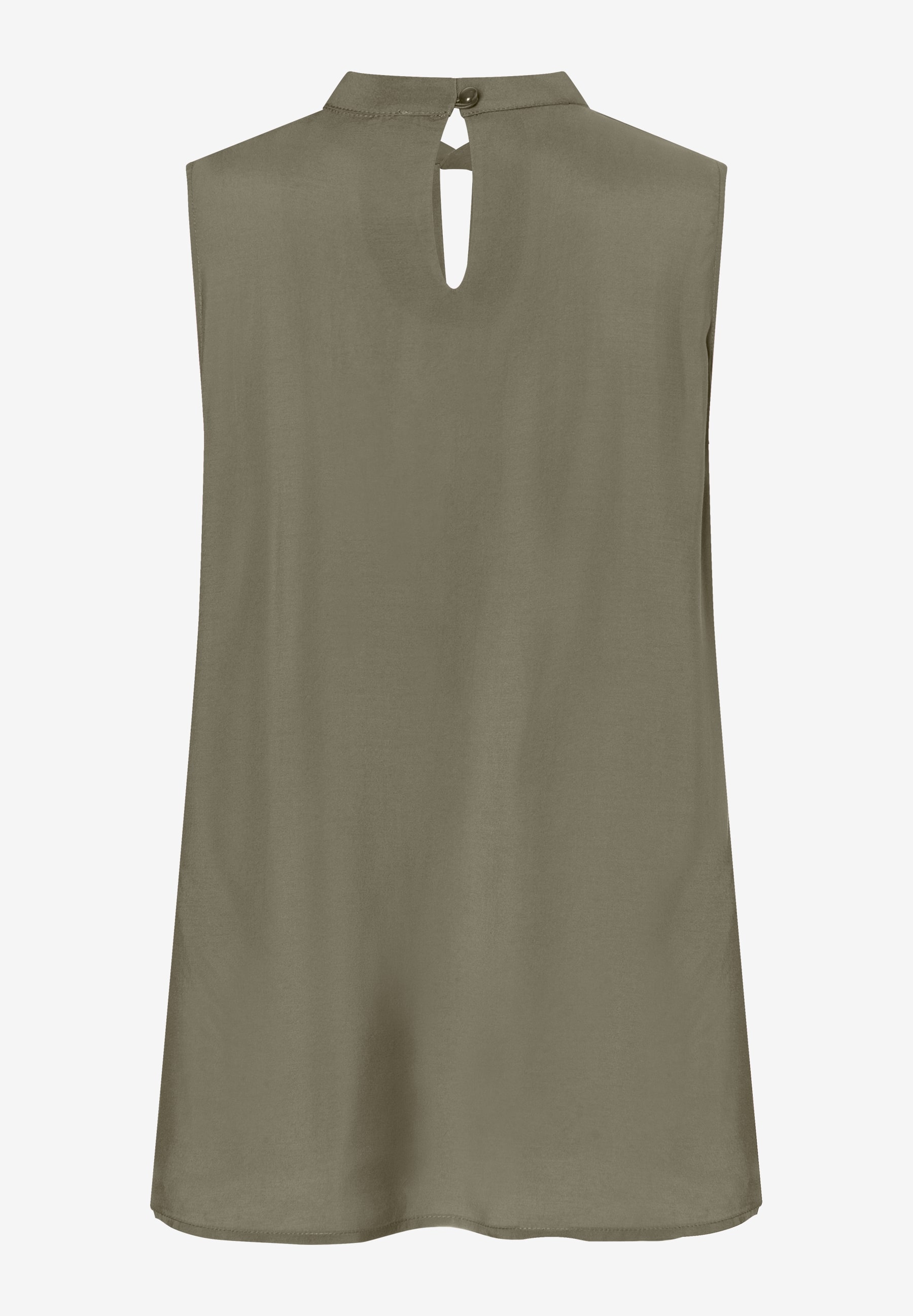 Rückenansicht der MORE & MORE Bluse in Olivgrün mit Stehkragen und Schlitz mit Knopfverschluss. Rückenansicht der MORE & MORE Bluse in Olivgrün mit Stehkragen und Schlitz mit Knopfverschluss.