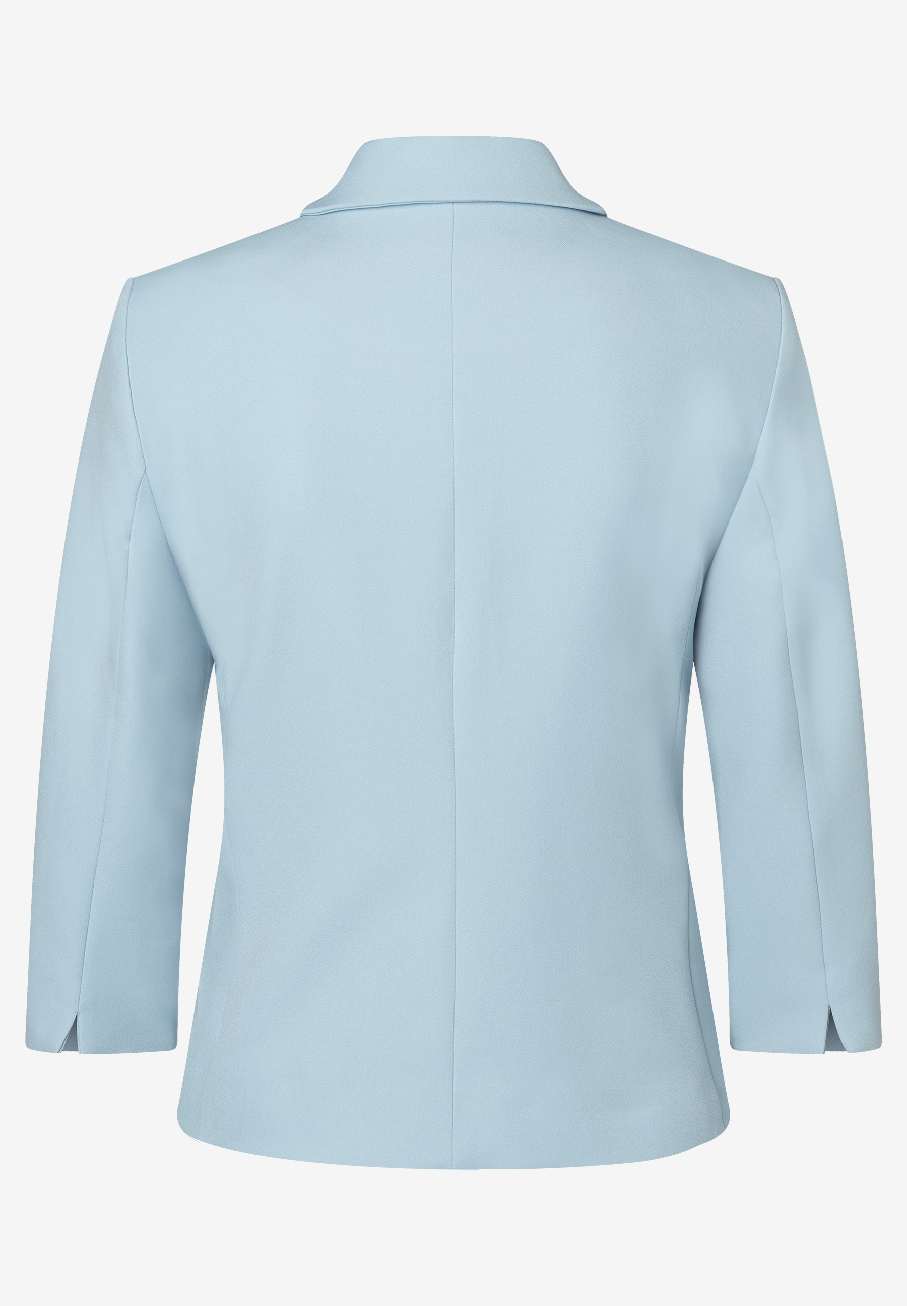 Rückenansicht eines hellblauen, elastischen MORE & MORE Blazers mit 3/4-Ärmeln. Rückenansicht eines hellblauen, elastischen MORE & MORE Blazers mit 3/4-Ärmeln.